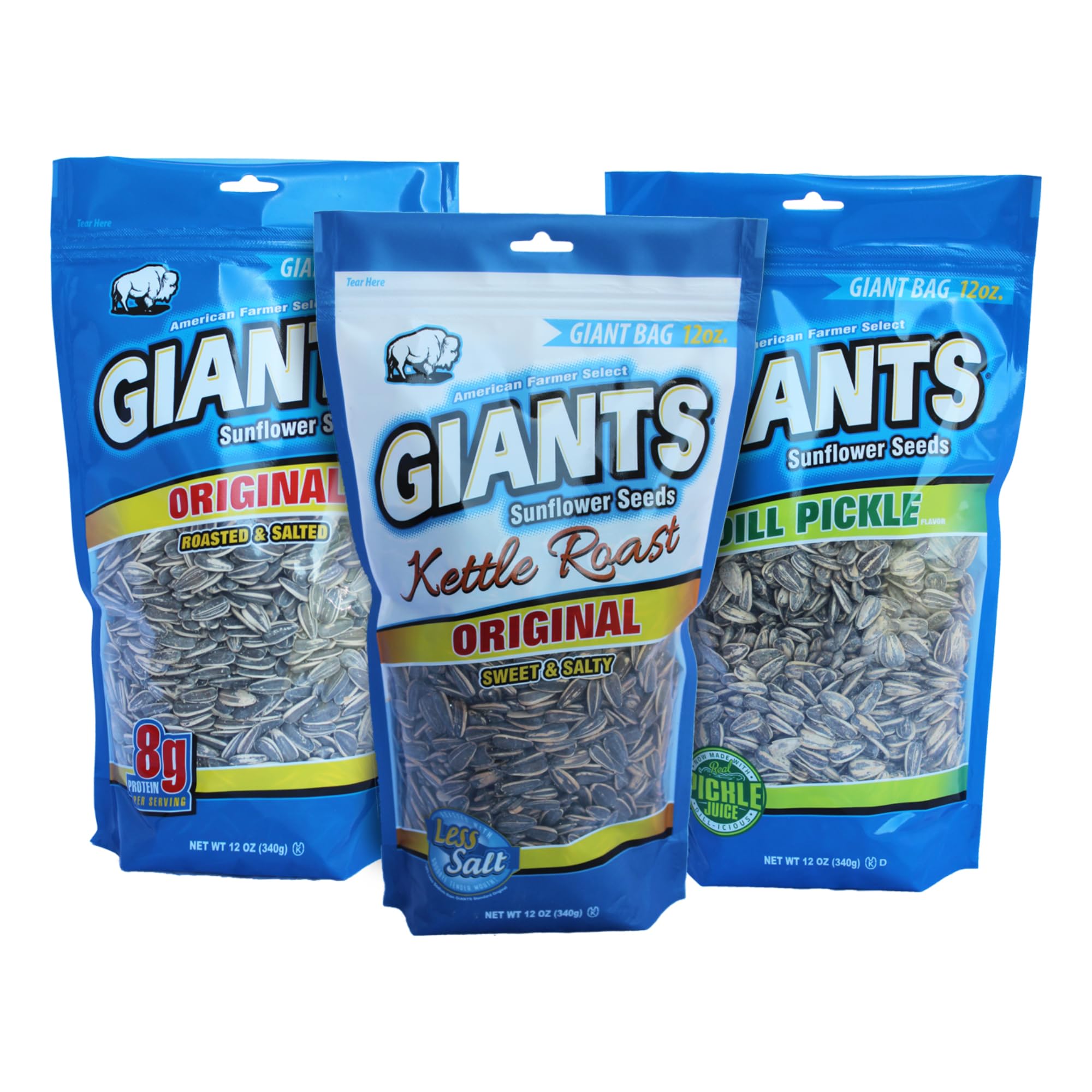 GIANTS Sunflower Seeds Variety Pack - Flavored Sunflower Seeds to Eat, Dill Pickle Sunflower Seeds, Kettle Roasted, Original Flavor, 8g Protein Per