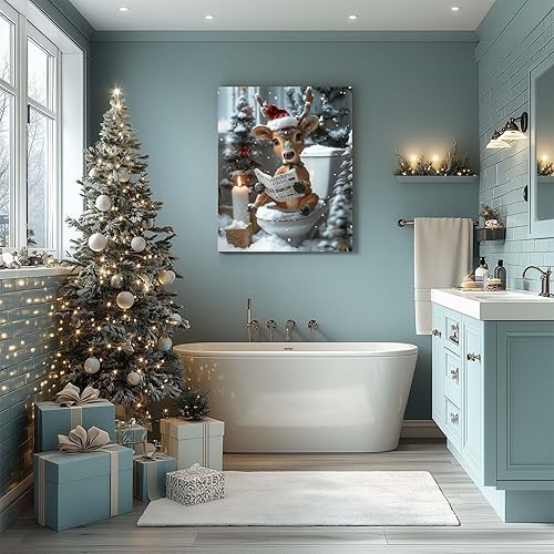 Miniatura 6 de Arte de pared de Navidad para baño, lindo animal de lectura de renos, periódico en el inodoro, impresiones estéticas de invierno, póster de pintura