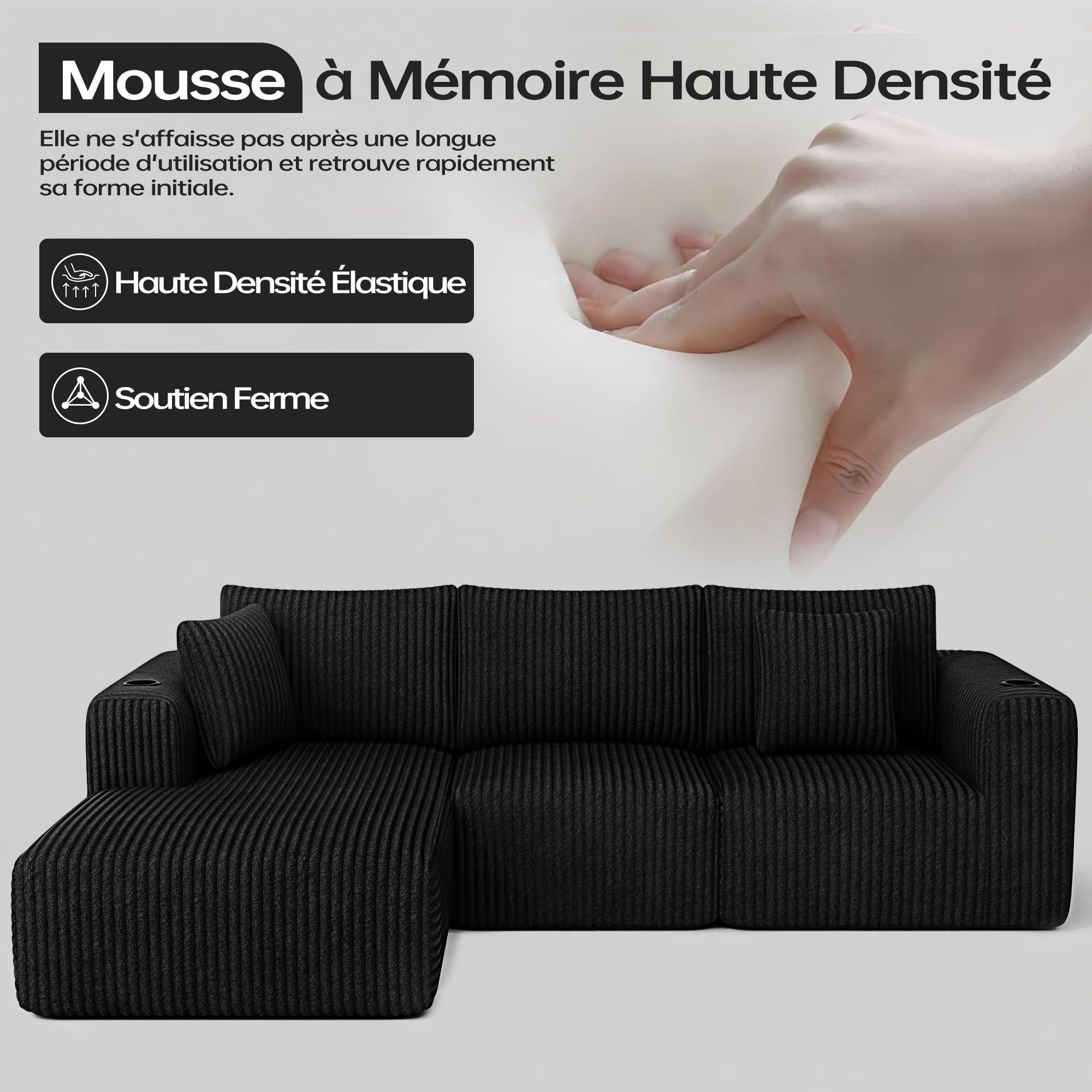 DURASPACE Canapé L 275cm Velours côtelé Mousse mémoire avec Porte-gobelet