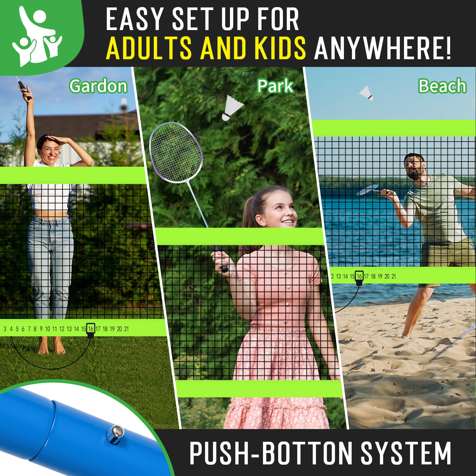 Baminton-Netz-Set für Garten, Strand, Familienspiele mit 6 x 90 cm langem Anti-Durchhängen Netz, 4 Aluminium-Badmintonschläger, 3 Federbälle, Tragetasche – einfach aufzubauen und tragbar