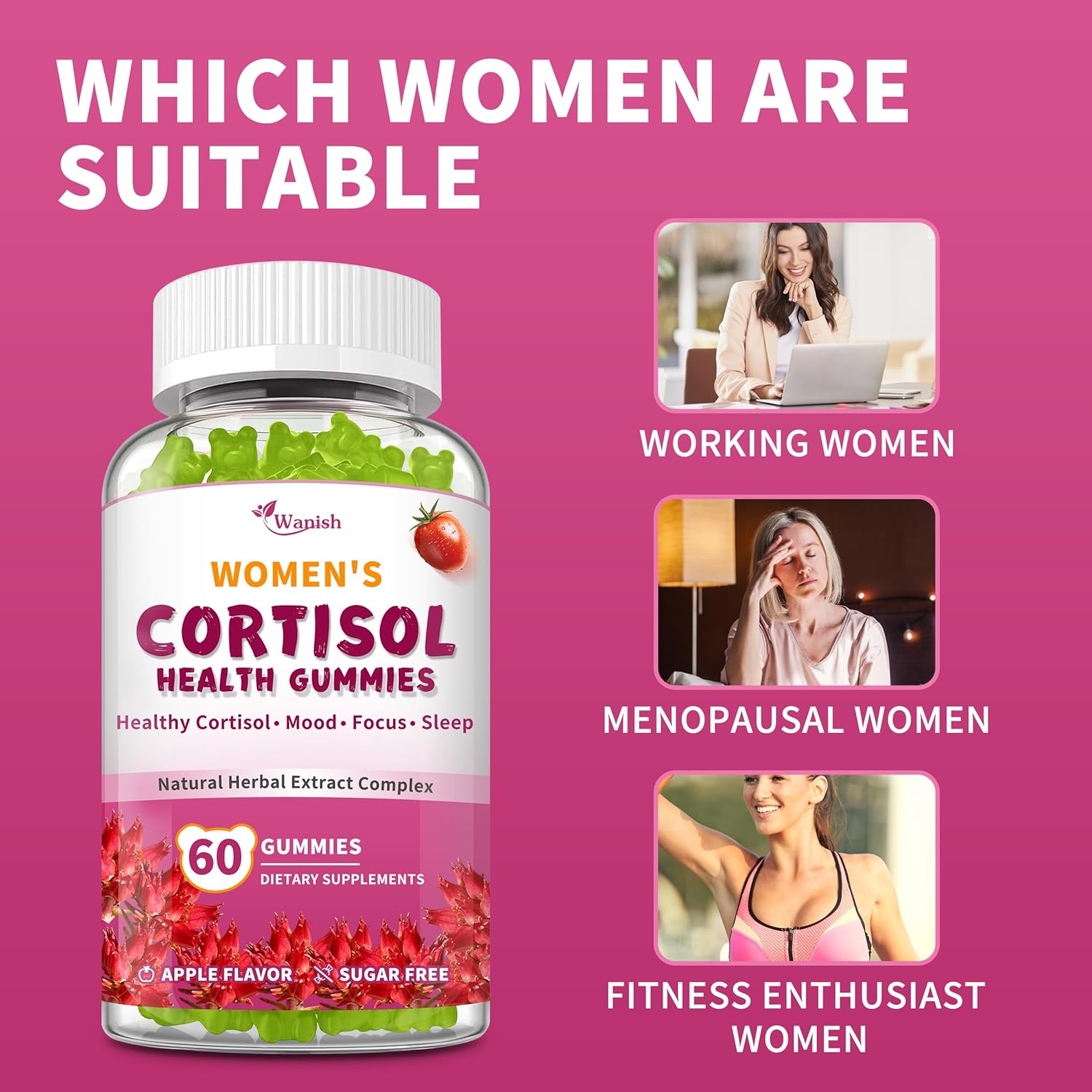 Cortisol Gummies For Women- Promote Relaxation and Support Mood- Natural Ingredients with Ashwagandha, Rhodiola Rosea, etc. Cortisol Manager Gummies for Adrenal Support​,Vegan,Apple Flavor,180 Count