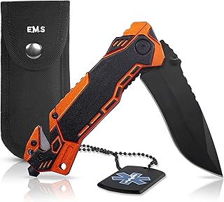 KOSxBO® Rescue Knife EMS - Cuchillo salvavidas con cortavidrio, cortacinturones, bolsa de cuchillos y etiqueta para perro, color negro y naranja y azul