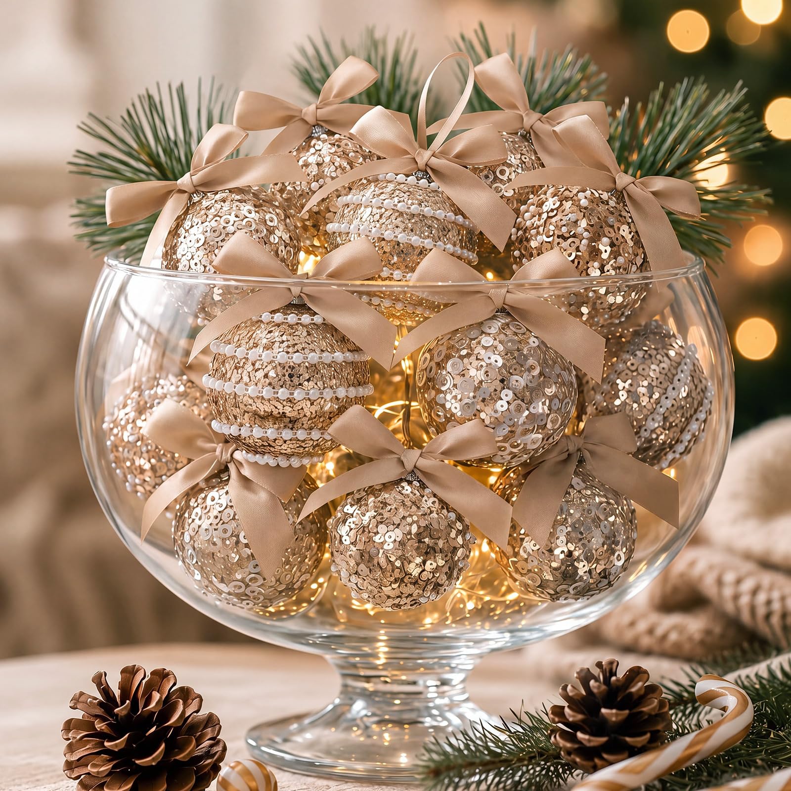 Hungdao 12 palline di Natale color champagne, 60 mm / 2.36in, con fiocco glitterato, da appendere, scintillanti, infrangibili, in plastica, da appendere, per feste di Natale