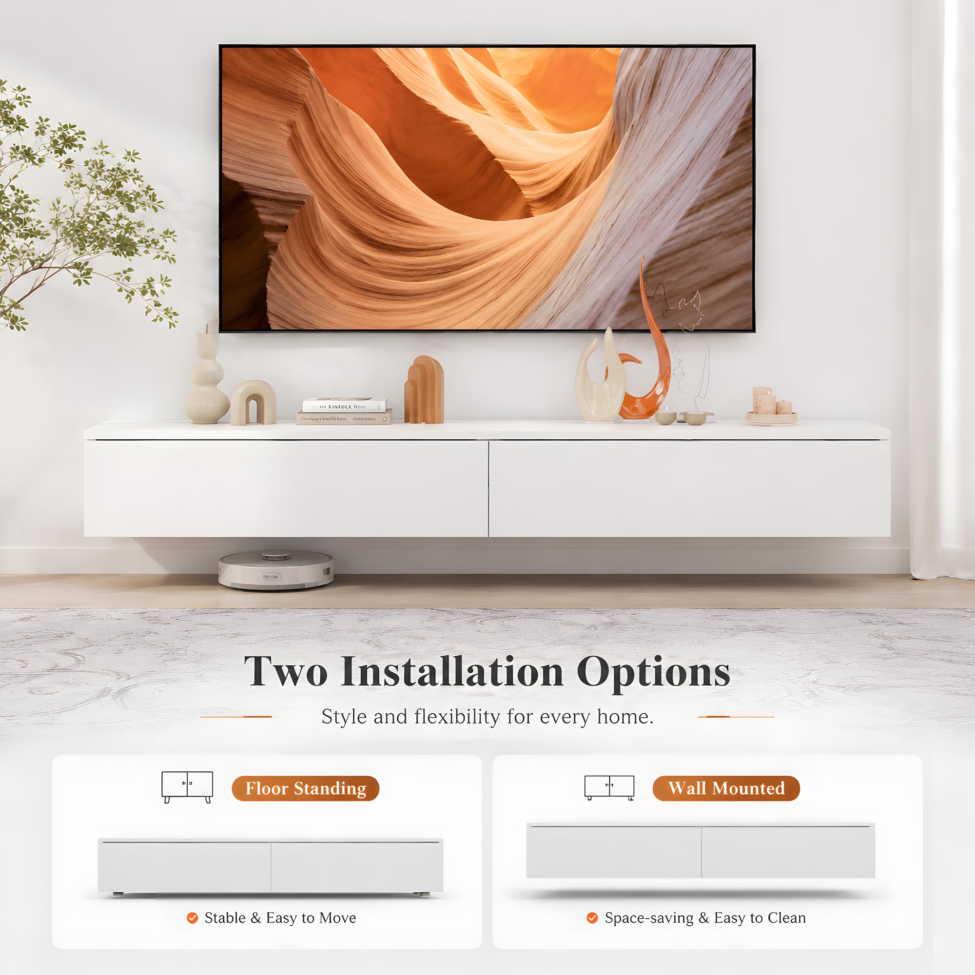 Mueble TV LED RGB 180 cm Blanco, suspendido o con Patas | Mueble TV LED RGB 180 cm con mando, 2 puertas abatibles, almacenaje cerrado y montaje en pared o con patas