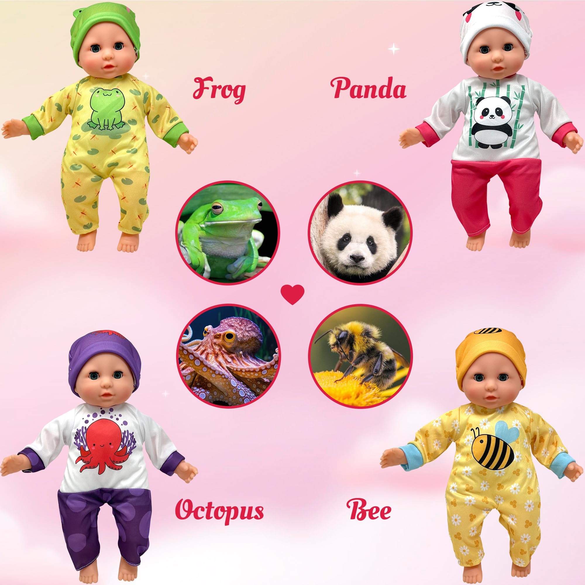 Muñeca de bebé de cuerpo suave con accesorios y 4 juegos de trajes de animales, muñeca realista con ropa y juguetes, juego de muñecas de 14 pulgadas, armario de armario, muñecas de bebé para niñas 4