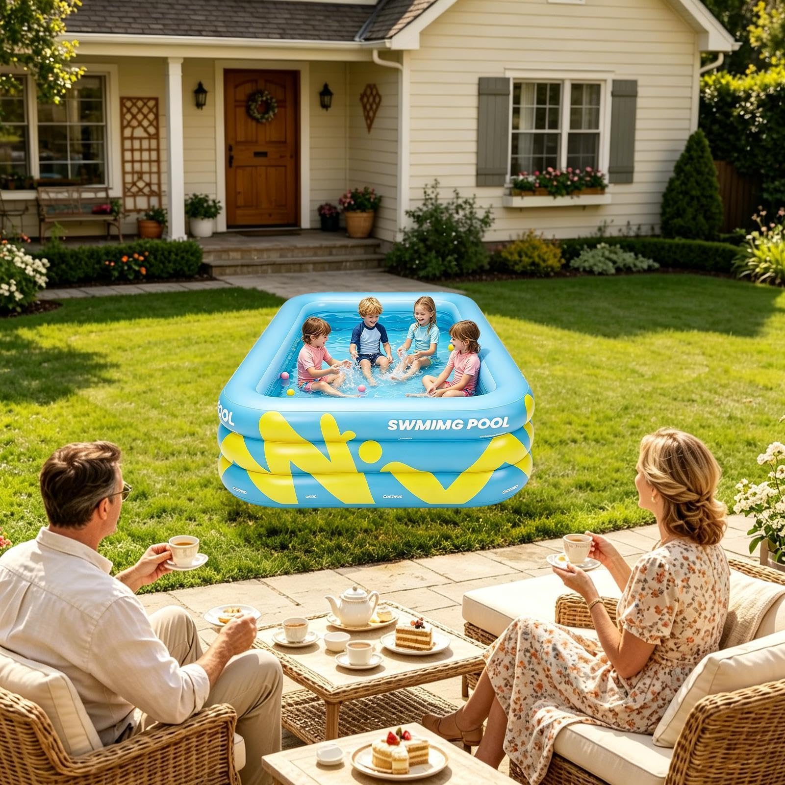 Piscina Hinchable Infantil 210 x 145 x 56 cm Gran Tina Reforzada E Inflable | Piscina De Jardín Trasero Para Verano Patio Exterior Jardín Césped Parque Juegos Y Natación Al Aire Libre Y