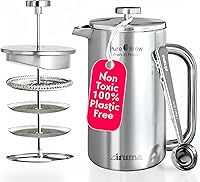 Ziruma 34oz Non-Toxic French Press: 316 Surgical Stainless Steel, Plastic-Free, Double Wall Insulation, 4-Layer Filter for Grit-Free Coffee
