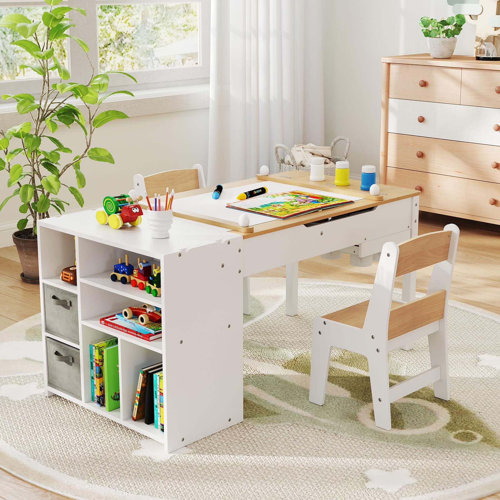 LIFEZEAL Tavolino Bambini, in Legno, con Sedia, Lavagna, Cavalletto, Scaffale per Giocattoli, Libreria, Porta Rotolo di Carta, Tavolo Bambini da Cameretta, Set per Bimbi 3+Anni, Naturale