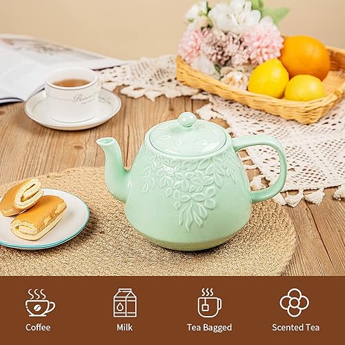Miniatura 6 de Toptier Tetera de hojas, tetera de porcelana con infusor y tapa, tetera de cerámica de hojas florecientes y sueltas, 37 onzas, verde claro