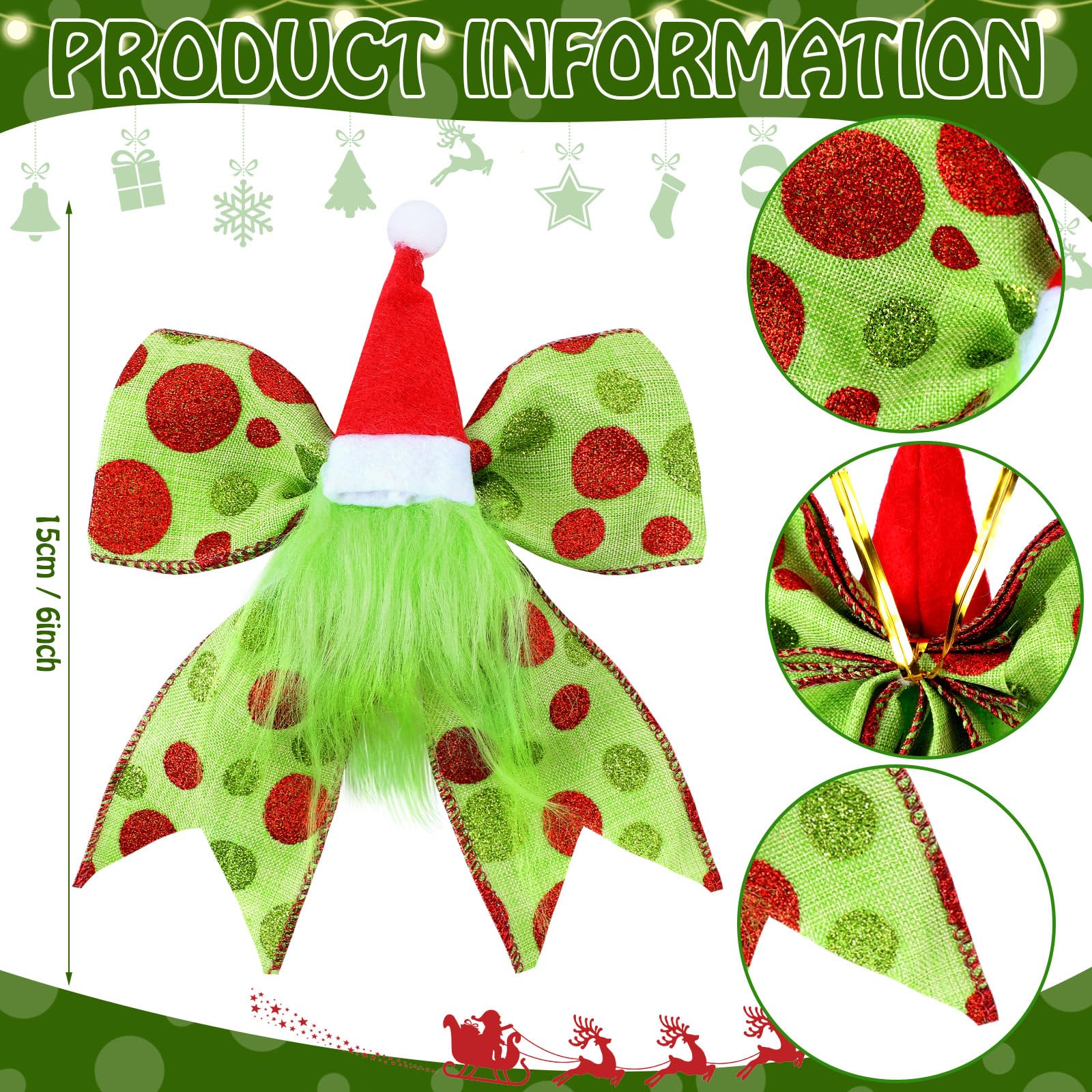 Daifunli 12 Pcs Red Green Christmas Bows Decoration 6 Inch Large Christmas Tree Wreath Bows with Santa Hat and Gnome Polka Dot Bows Ribbons Gift Bows Glitter Bows for Xmas DIY Crafts Party Ornaments