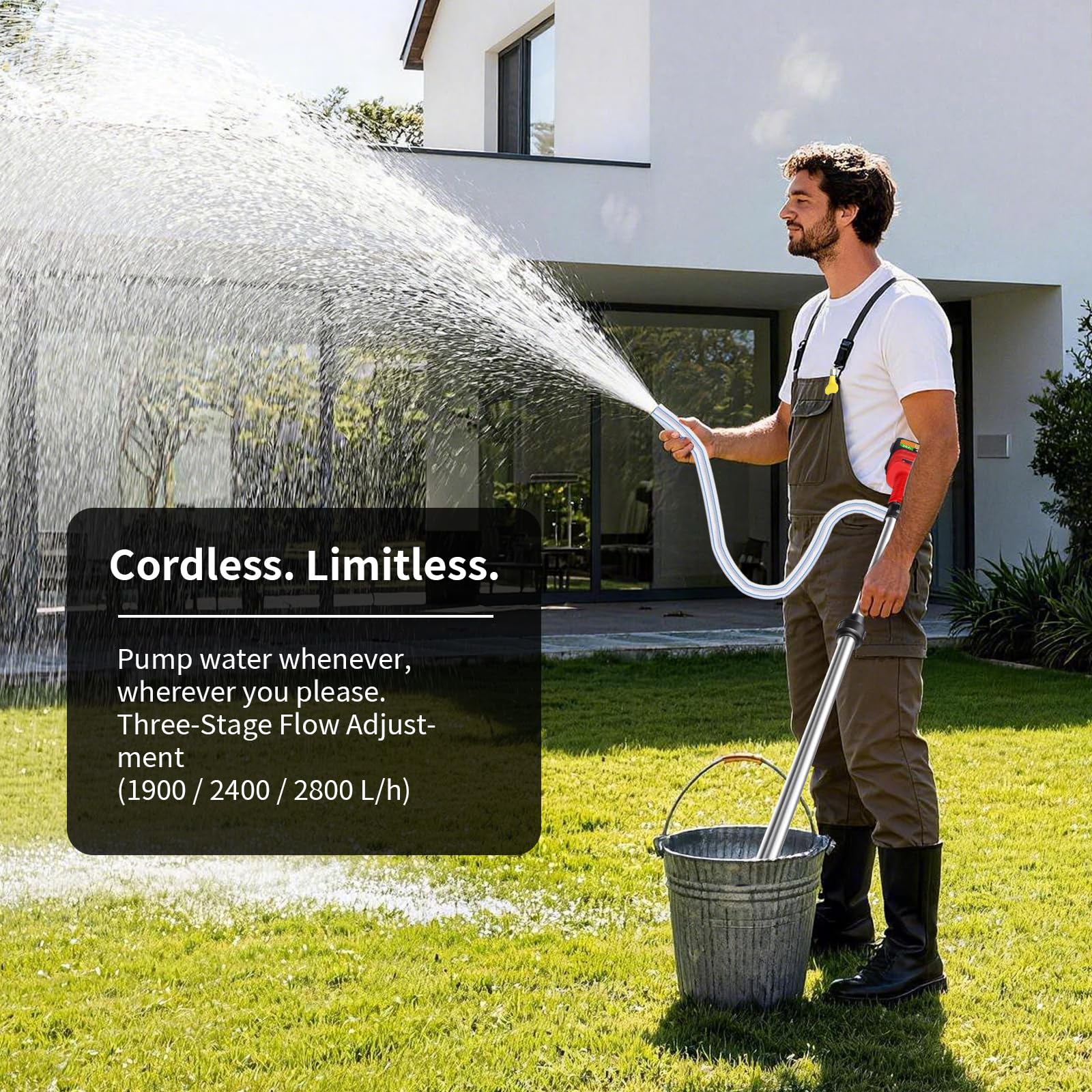 Akku Regenfasspumpe mit 2 Akkus – Elektrische Regenwasserpumpe 12000r/min, Tragbare Akku Fasspumpe mit 2M Schlauch, Handheld Wasserpumpe für Regentonne, Aquarium, Baustelle & Garten