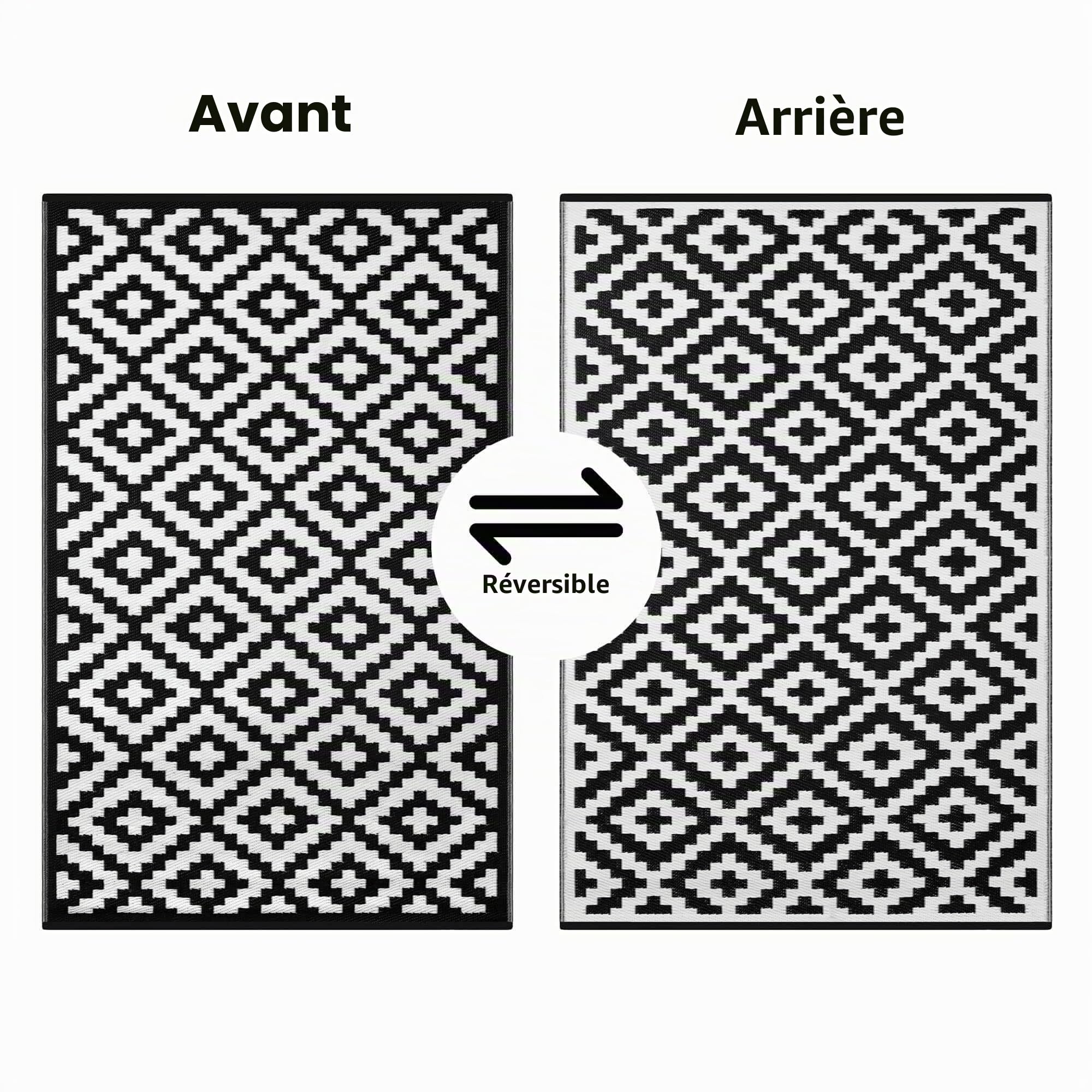 Green Decore Tapis d'Intérieur et d'Extérieur Réversible en Plastique Recyclé, Indoor/Outdoor Tapis Écologique Léger, 120 x 180 cm, Noir/Blanc