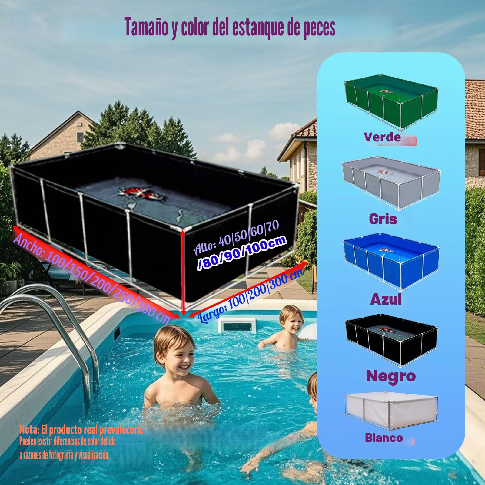 Gran piscina rectangular con marco, piscina de acero sobre el suelo para jardín al aire libre para familias y niños, capacidad, fácil montaje, marco de metal duradero, incluye parche de reparación