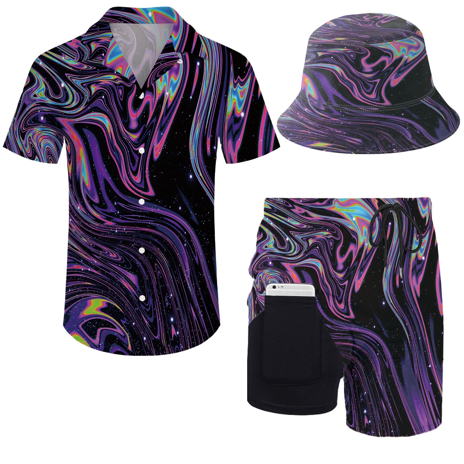 ZePinger Set with Shirt and Shorts for Men, with Bob Hat, 80s and 90s Theme, L โ image 1