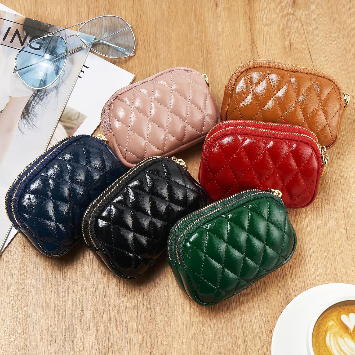 WOZEAH Leather Coin Purse for Women Small 2 Zipper Change Wallet with Key Ring Card Key Coin Cash Holder Pouch(Quilted Brown) - Image 6