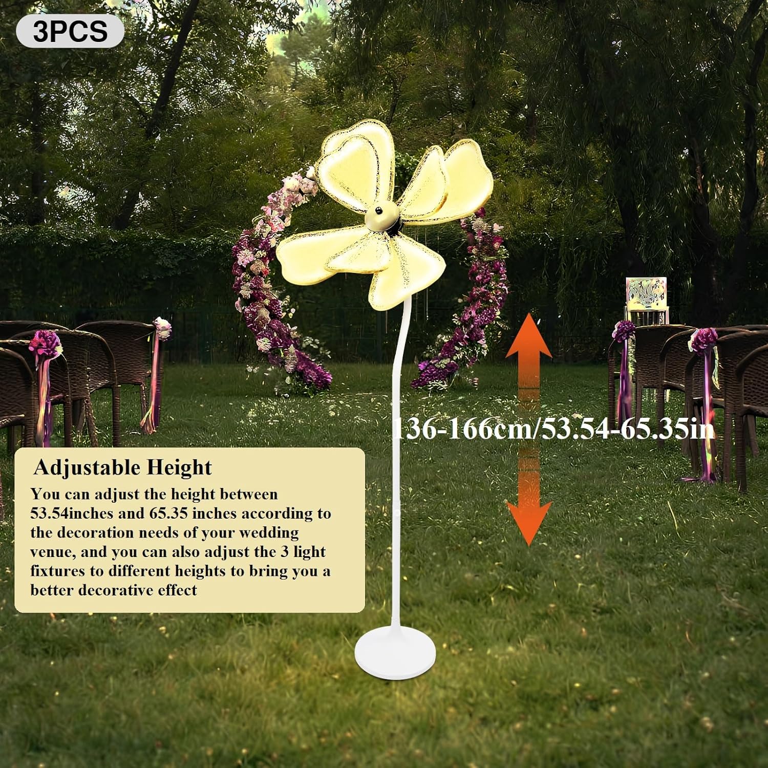 CNCEST 3PCS 23.6" Wedding Flower LED Floor Lamp,50W 110V Creative Flower Wedding Lights 53.5-65.4" Adjustable Height Flowers Romantic Decoration Props for Wedding Party (Warm Light, 3PCS)