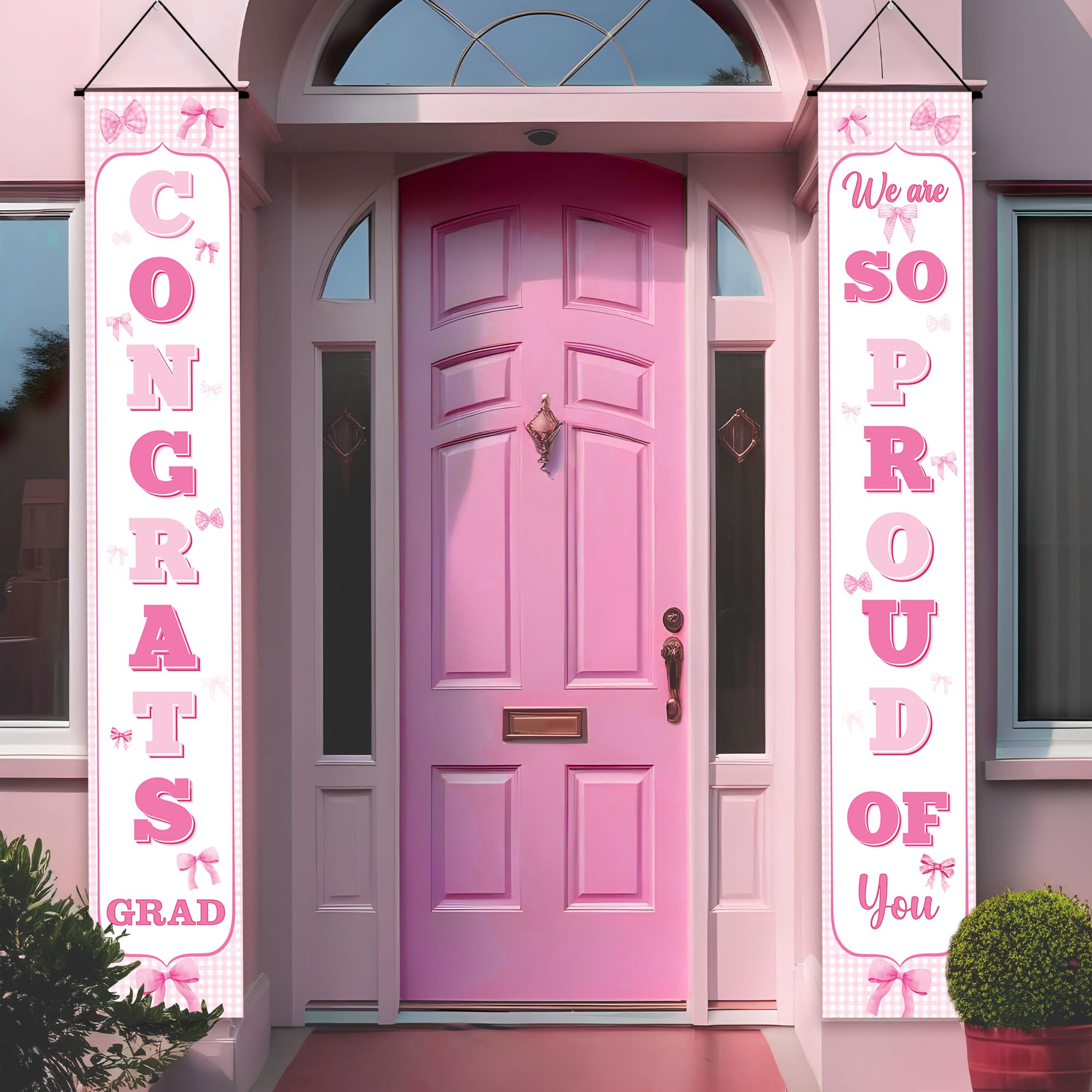 KatchOn, Pink Congrats Grad Door Backdrop - 72x12 Inch, Pack of 2 | Graduations Bow Banner for Pink Graduation Decorations Class of 2025 | We Are Proud Of You Banner | Graduation Door Decorations