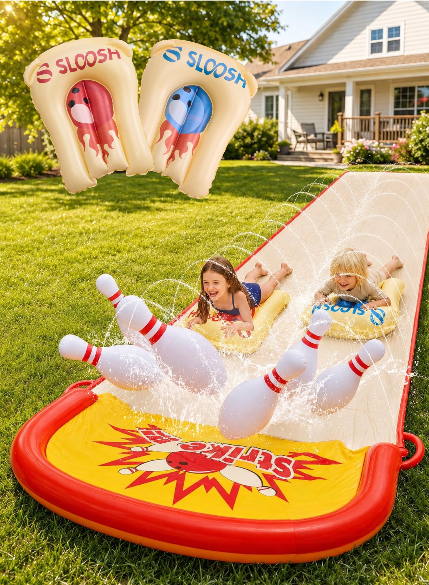 Sloosh Tobogán acuático de jardín de 6,7 m (22 pies) con Juego de Bolos inflables, Doble Carril con aspersores, tobogán para césped para divertirse al Aire Libre