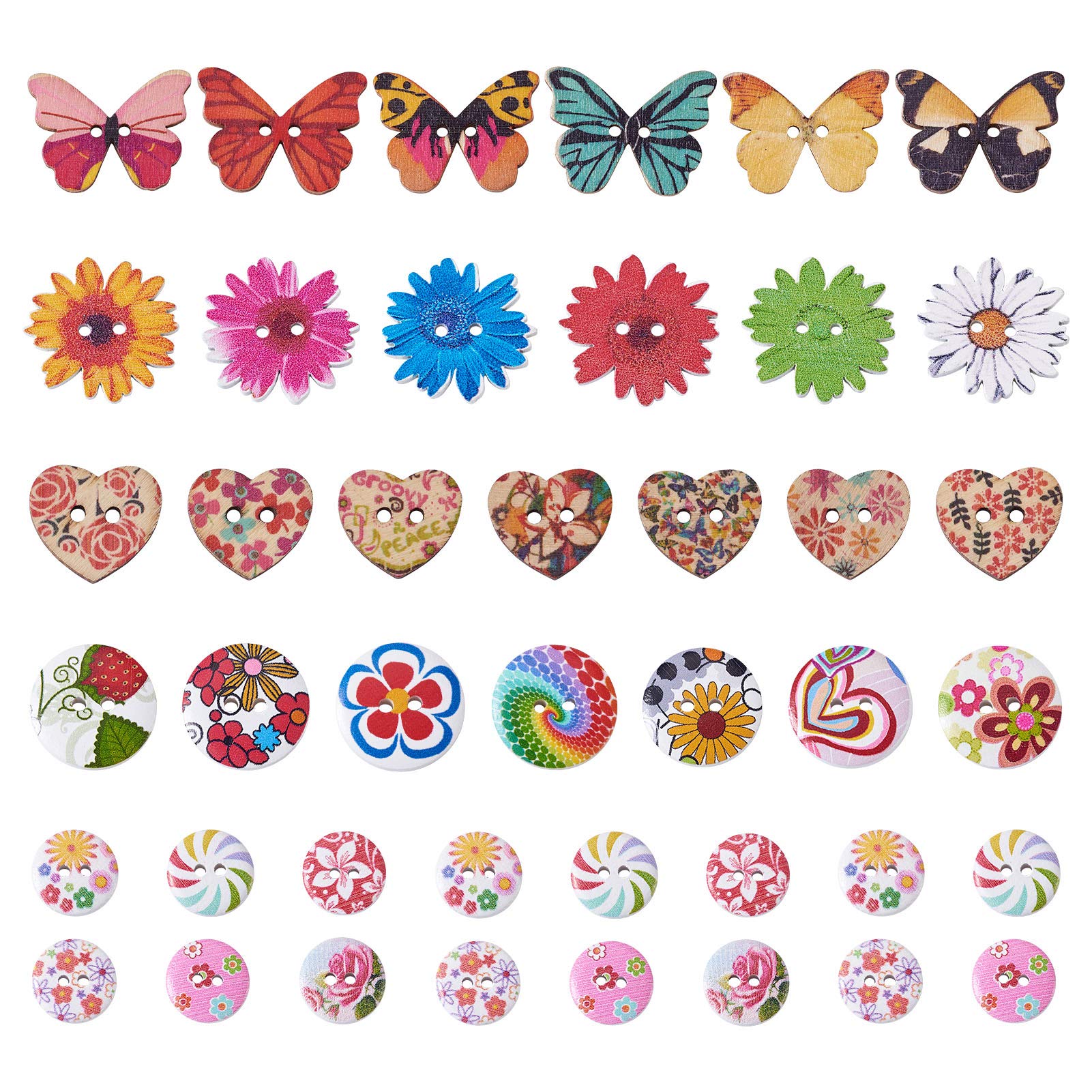MegaPet 300 Stück bedruckte Holzknöpfe mit 2 Löchern, Herz, Blume, Schmetterling, runde Nähknöpfe mit Blumenmuster für DIY Nähprozess Dekoration