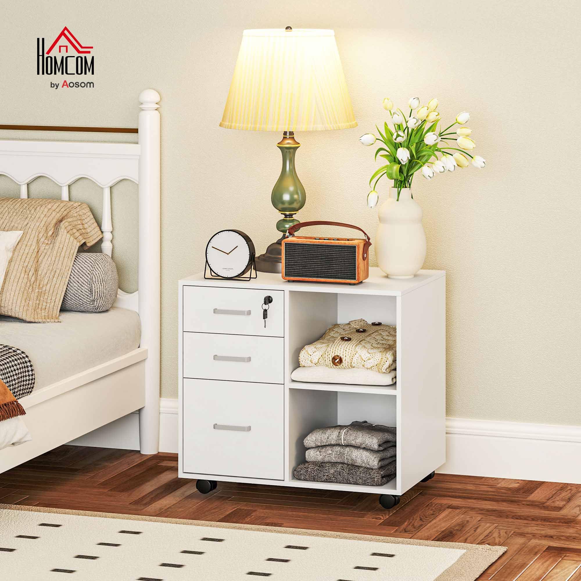 HOMCOM Cassettiera Ufficio Portadocumenti 3 Cassetti 60x40x56 cm Bianco | Serratura, Mobile Ufficio in Legno con Ruote, 2 Vani, Cassetto con Chiavi, per Studio