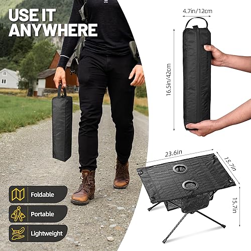 Miniatura 2 de ZUNE LOTOO Mesa de camping portátil plegable, pequeña mesa de playa plegable con soporte para bebidas y bolsa de almacenamiento de malla y bolsa de