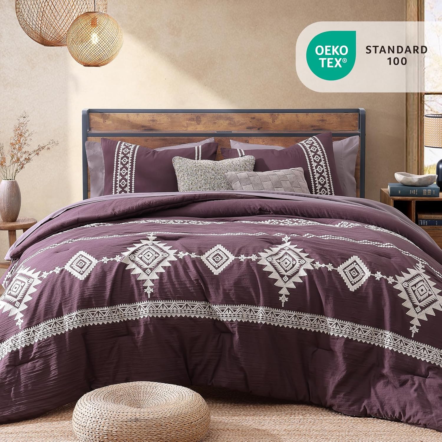 MaiRêve Embroidery King Size Comforter Set Purple, Boho Farmhouse Western Bedding Set 7 Pieces, All Season Bed in A Bag Comforter Set with Sheets, Pillowcases & Shams - Image 2