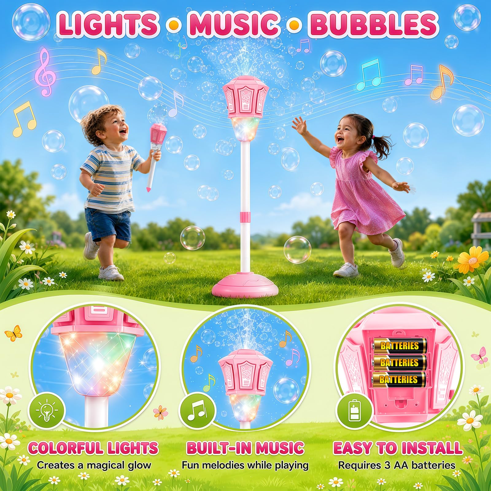 Lanterne à Bulles De Savon, Machine à Bulles RéGlable en Hauteur pour Enfants avec LumièRe LED Et Musique, Machine à Bulles 2 en 1 sur Pied Et à Main, Convient pour L'ExtéRieur, Les