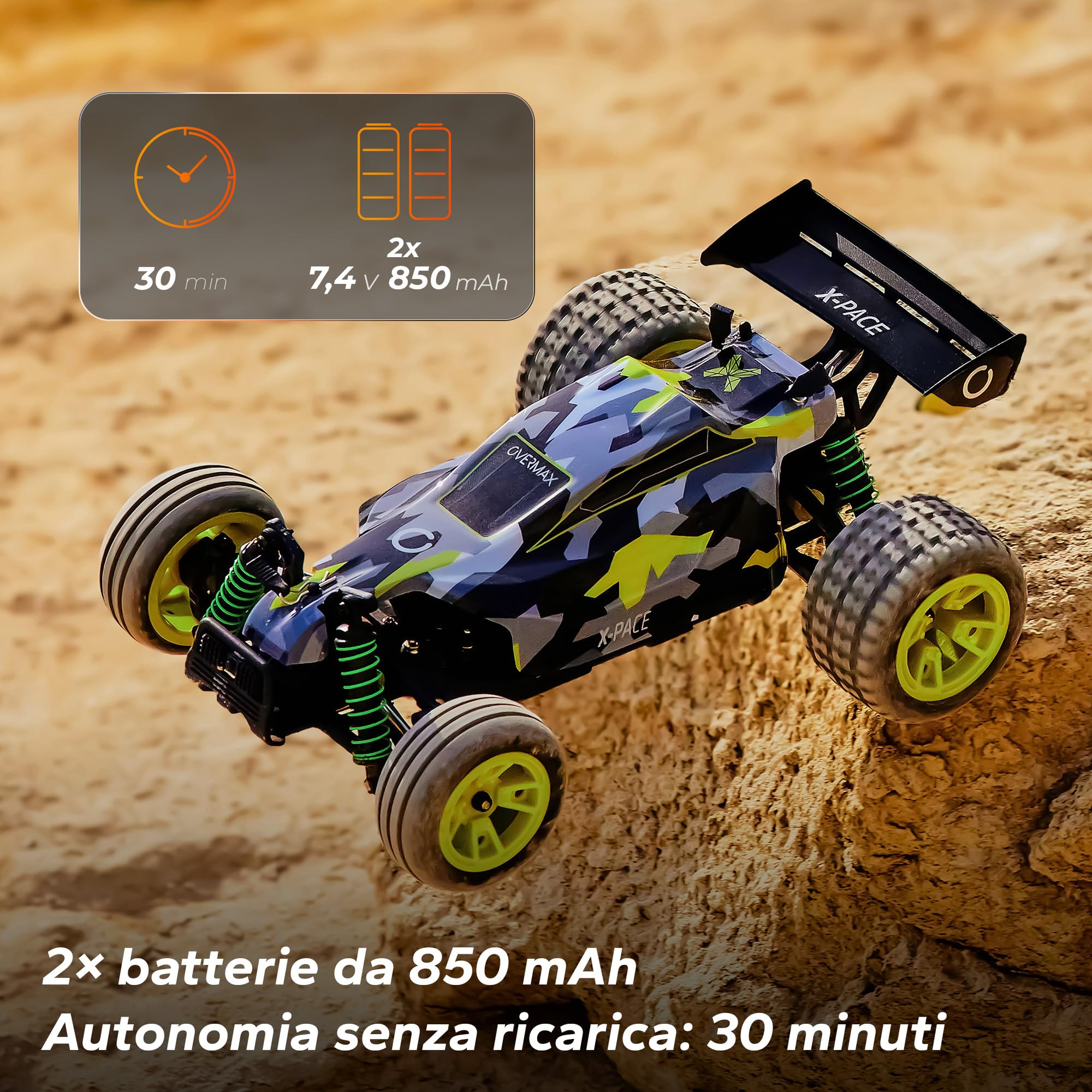Overmax X-Pace Macchina telecomandata Auto RC Grandi dimensioni, Velocità fino 30km/h Portata fino 100Metri, Trazione 4x4, Senza ricarica fino 30minuti, Sospensione molla, Solida struttura 2 Batterie