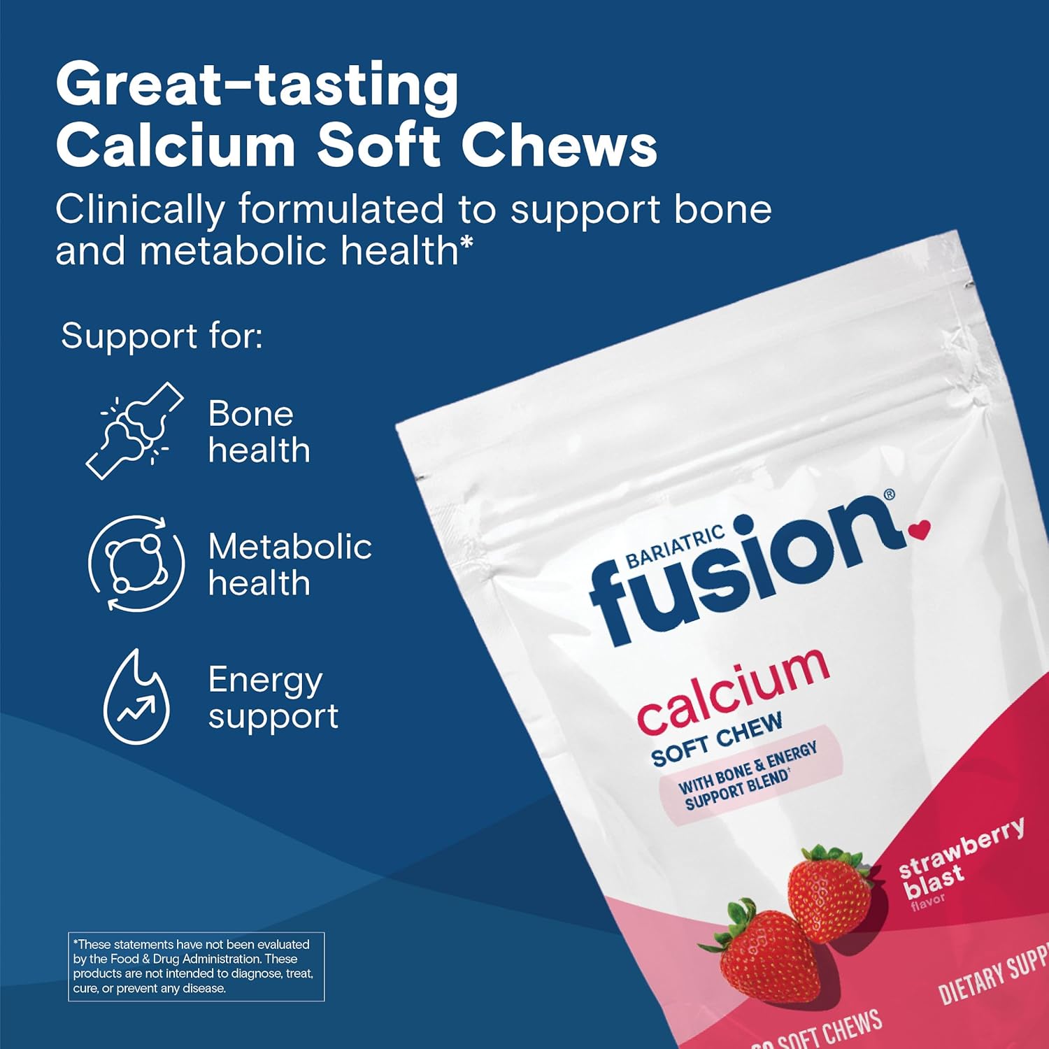 Bariatric Fusion Bariatric Calcium Supplement Chews | Calcium Citrate with Vitamin D3 Bariatric Vitamin | Sugar Free Chewable | 500mg | Strawberry | 60 Count