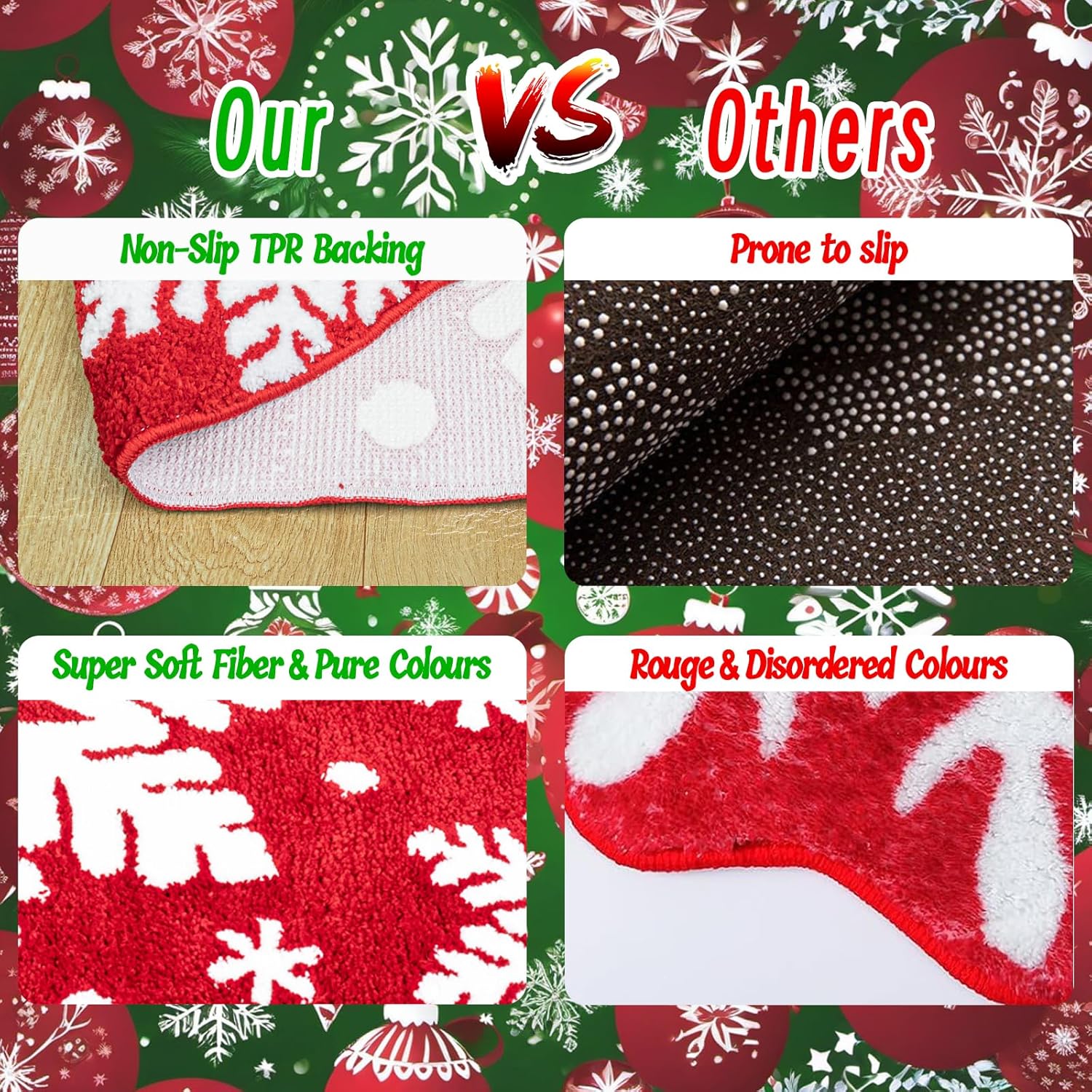 Christmas Bath Mat, Cute Decor Rugs Non-Slip Absorbent Washable, Fluffy Microfiber Plush Xmas Festive Holiday Red Shaggy Floor Rugs, Shower Mats for Bathtub(32"x20", Snowflake)