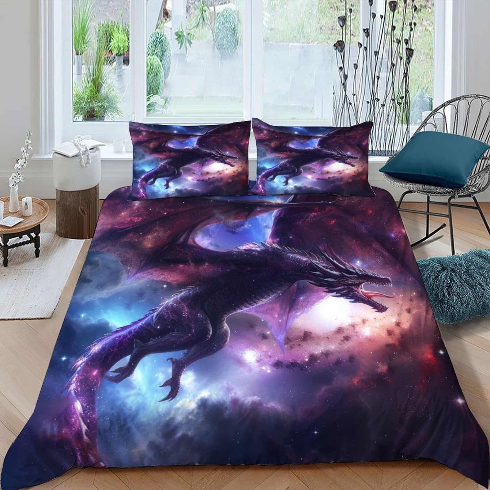Housse de couette dragon ciel étoilé king 220x240 parure lit 3 pièces microfibre