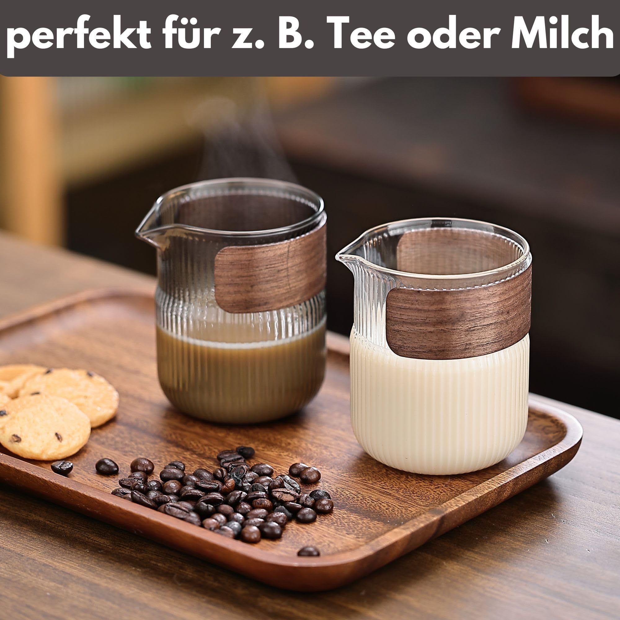 Holzwurm Milchkännchen klein 300ml - Glas Milchaufschäumer Kanne mit Walnussmantel, inspirierendes Design Milk Jug für Kaffee, Tee vieles mehr (Schwarz)