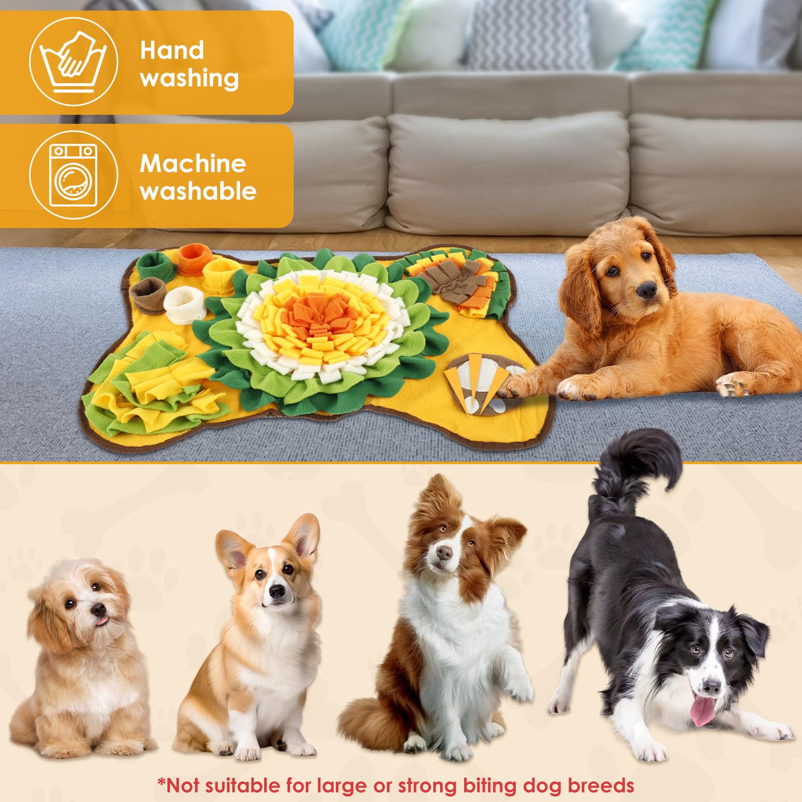 Snuffle Mat for Dogs Interactive Foraging Mat Pet Sniff Mat Puppy Slow Feeding Game Toy for Boredom and Mental Stimulation Pet Treats Feeding Mat,Medium Small Dogs Training Mat (Yellow - Image 2