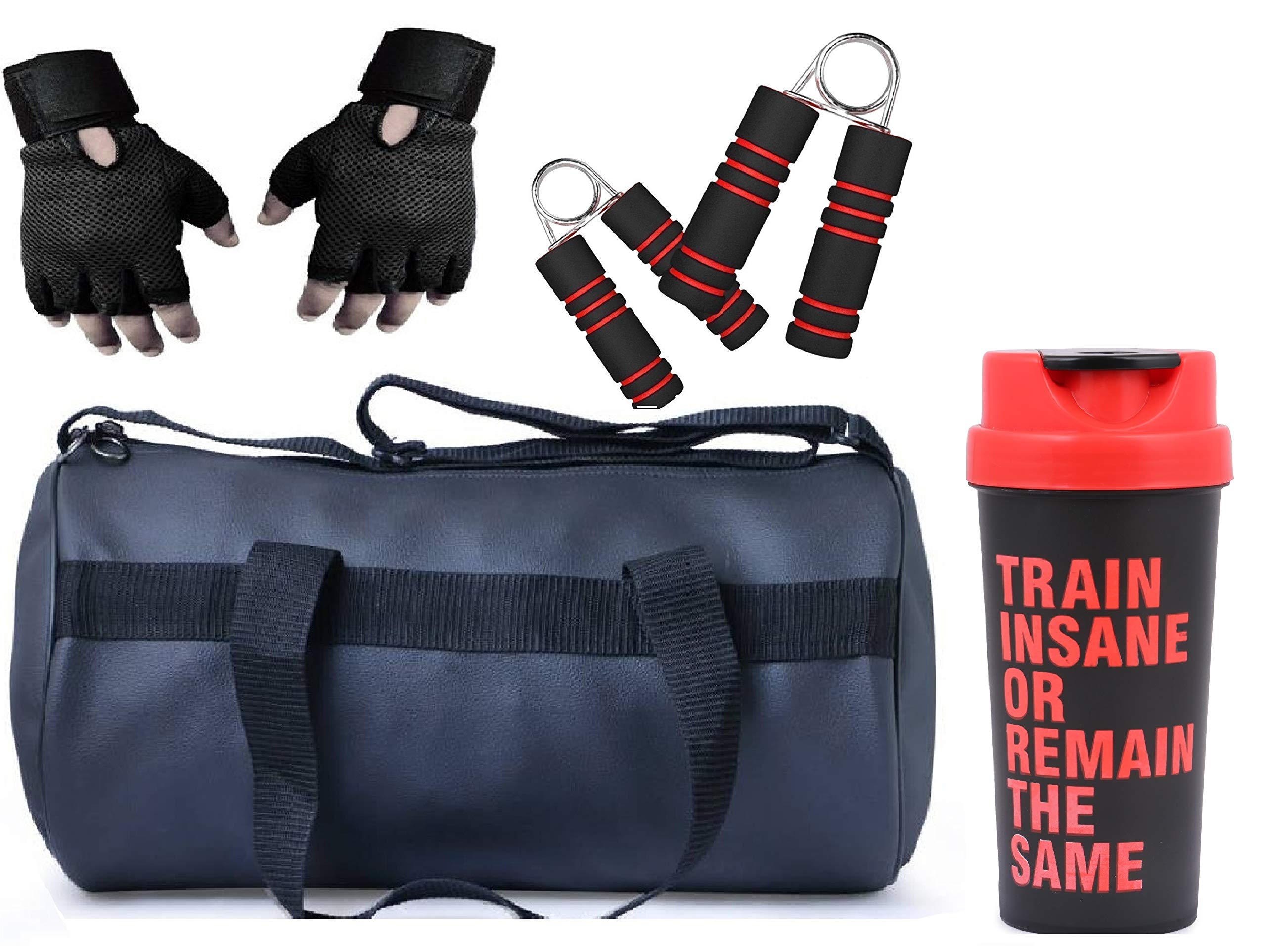 SGC-1111A 4 in 1 Pack Leather Antique Gym Bag, Protein Shaker,Gym Gloves with Wrist Support and Hand Strengthner Combo, BLACK, M, Gym Bags