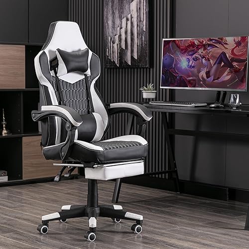 Miniatura 2 de segedom Silla de oficina estilo carreras, cojín lumbar ajustable para masaje, mecedora giratoria, reclinable, de cuero, respaldo alto, ergonómica,