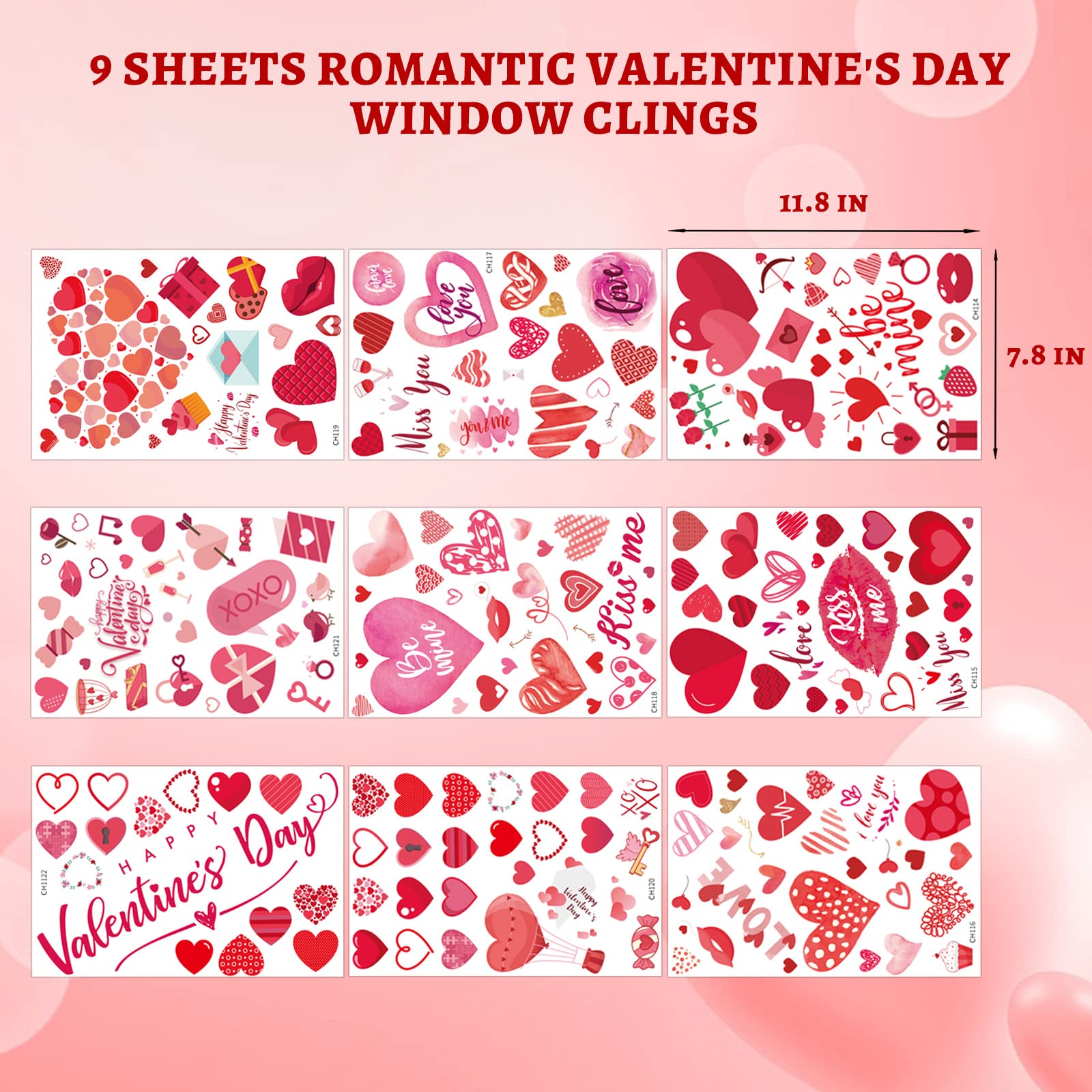 218 Pcs Valentine's Day Window Clings Decorations Heart Window Clings for Glass Windows for Valentines Day Decorations in 8 Sheets
