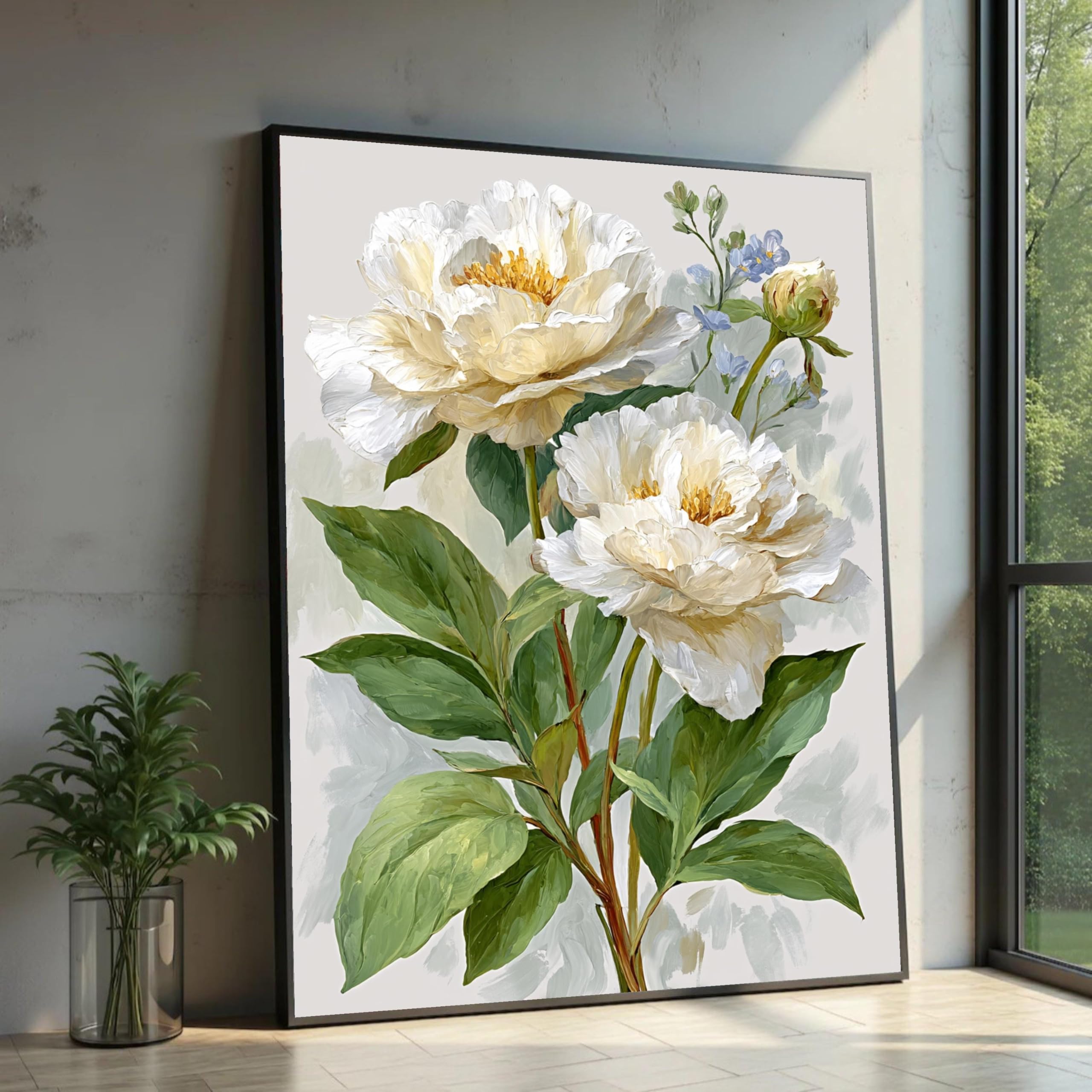 XINBAO White Peonies Canvas Art, Floral Botanical Print, Ready to Hang, Large Canvas Wall Art, for Home Wall Decor sized Piece(80x110cm/Inner frame)