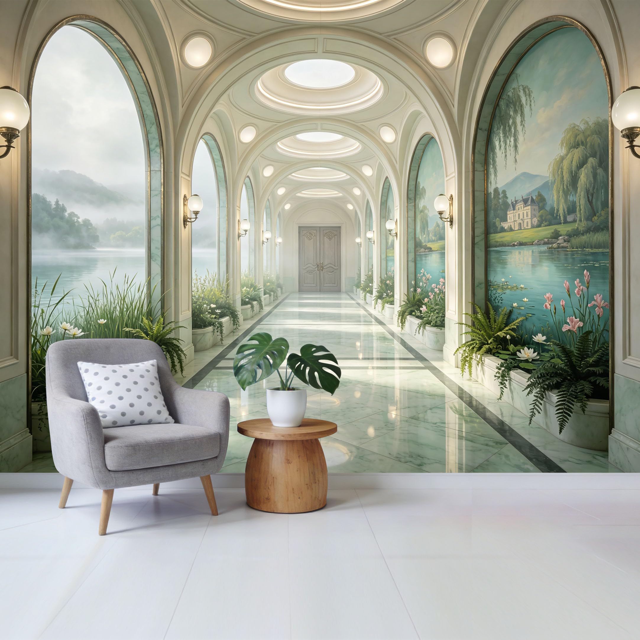 Removable Self Adhesive Fabric Mural， Neoclassical Lake Landscape Custom Size Wall Covering， UV Protected Waterproof Washable Wall Decor for Living Room Bedroom Bathroom