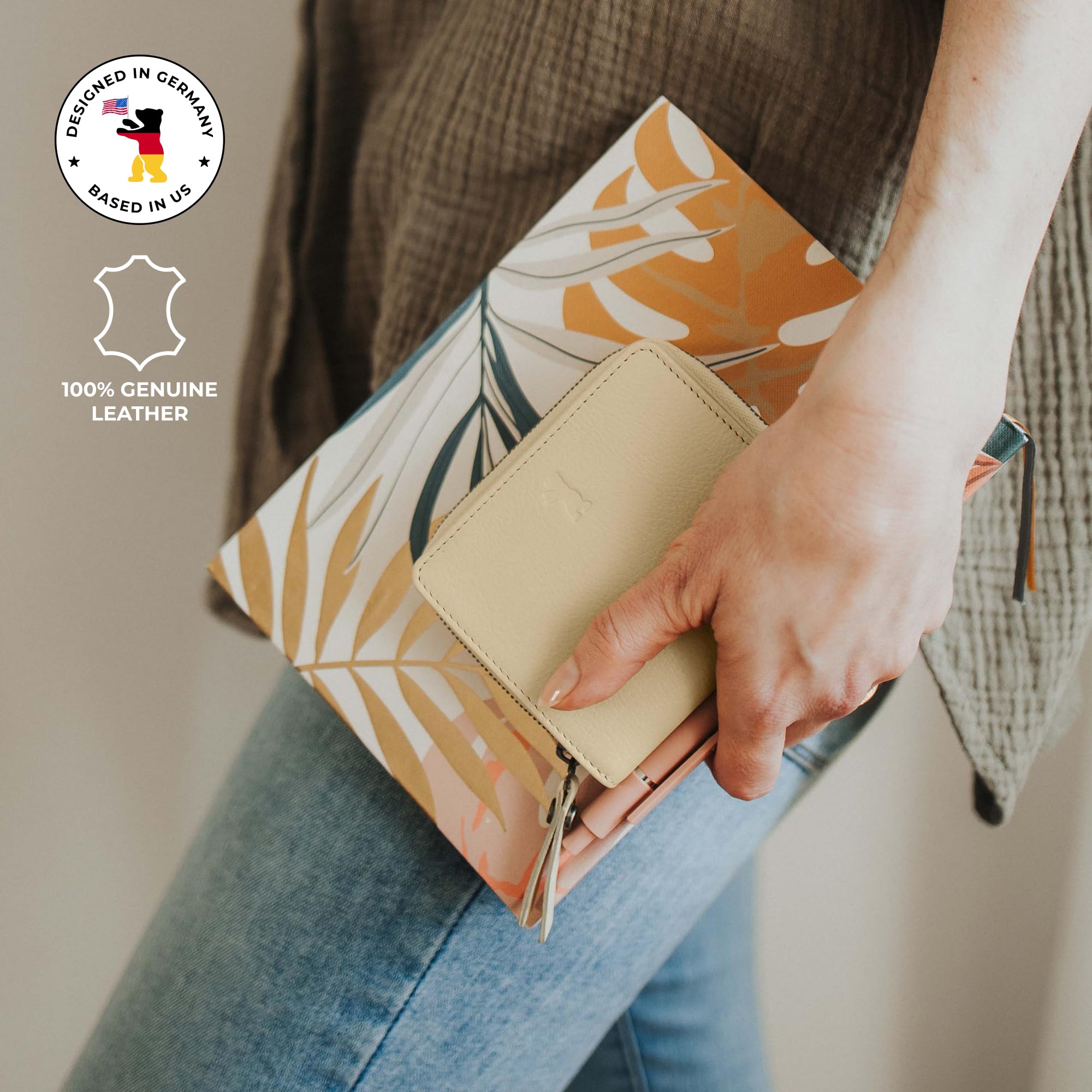 Berliner Bags Portafoglio Donna Sara in Vera Pelle Pieno Fiore, Compatto con Zip e Portamonete, Protezione RFID, 8 Carte – Amarillo