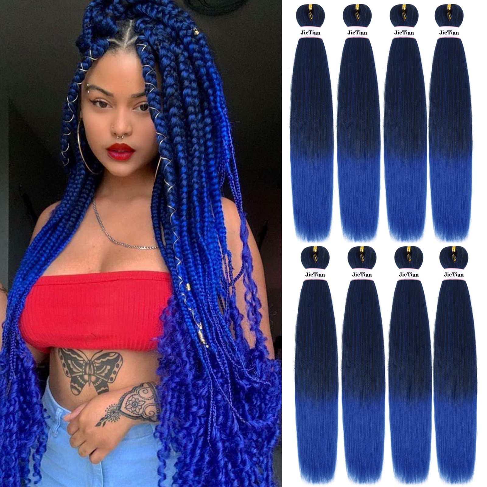 Liang Dian Pre Stretched Braiding Hair Ombre 30 Inch 8 Packs Synthetic Crochet Braids Hot Water Setting Professional Soft Yaki Texture Synthetic Hair Extensions(30 Inch 1B/Blue)