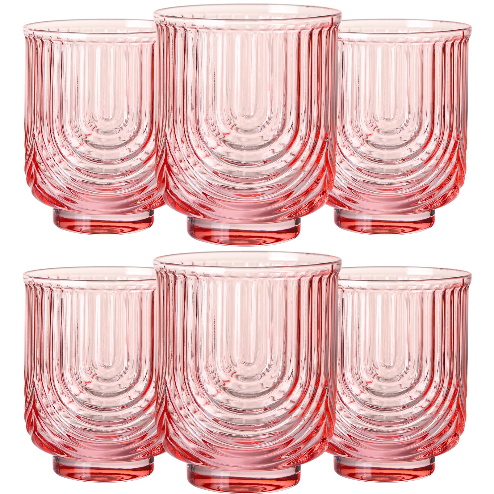 JOVGANK Pink Vintage Drinking Glasses Set of 6-14Oz Pink Glass Drinking Glasses, Art Deco Ripple Highball Glass, Whiskey Cocktail Glasses, for Bar