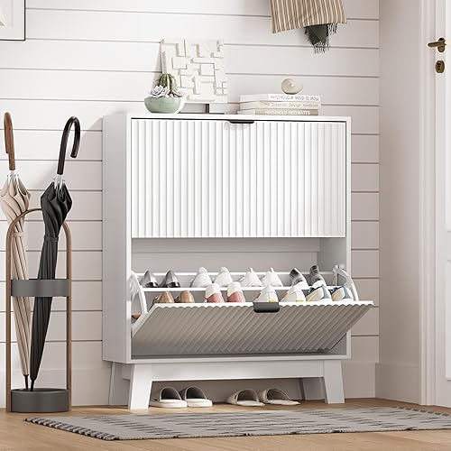 Armario de zapatos para entrada con 2 cajones abatibles, organizador de zapatos estrecho acanalado con patas de madera, almacenamiento delgado