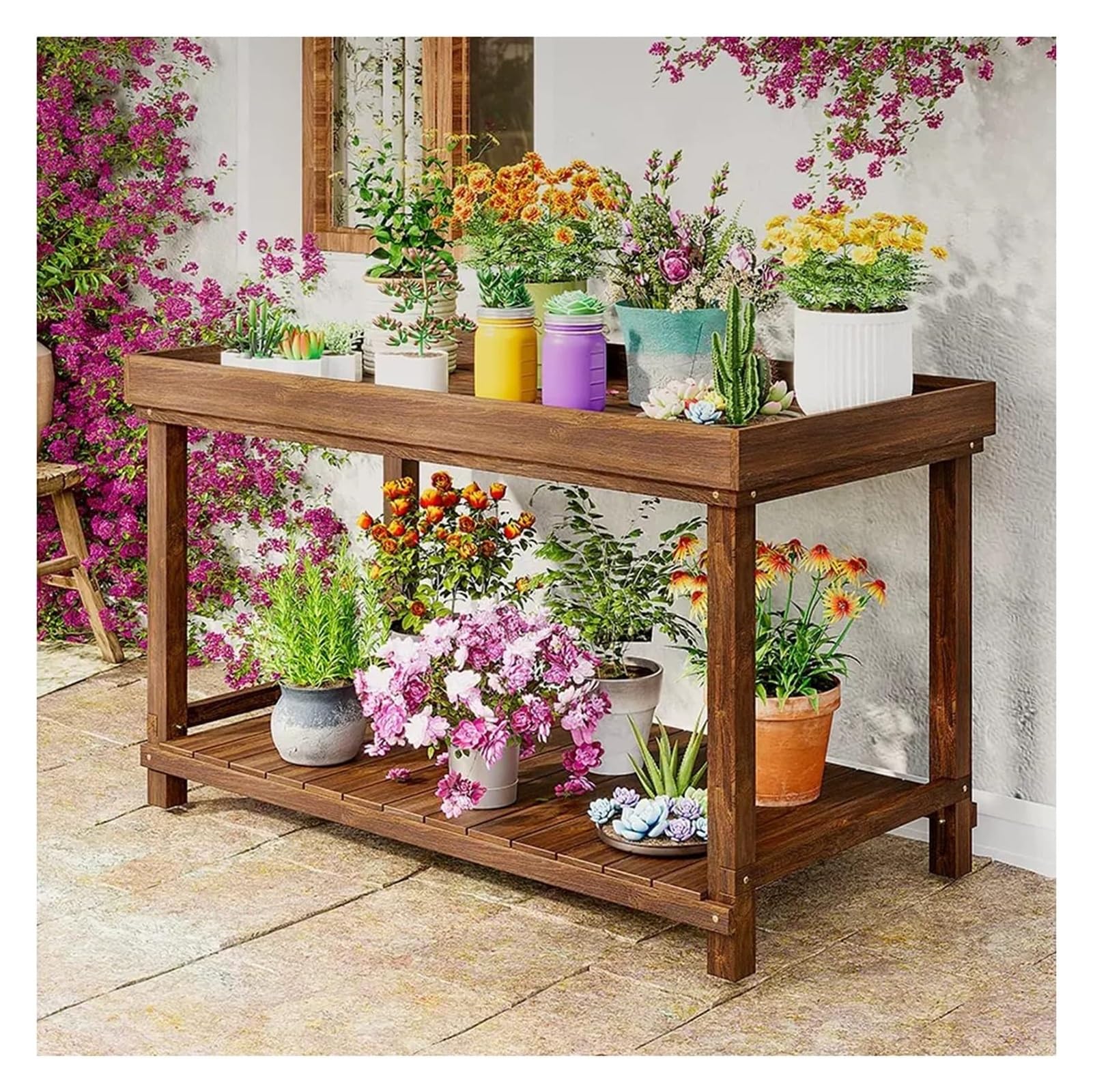 YNIYUJKL Plant Stand Plant Stand Indoor, Wood Plant Stand, 2-Tier Plant Shelf,Indoor Outdoor Flower Pot Display Shelf Rack, Multiple Ladder Stand Planter Holder Brown-80x60x60cm