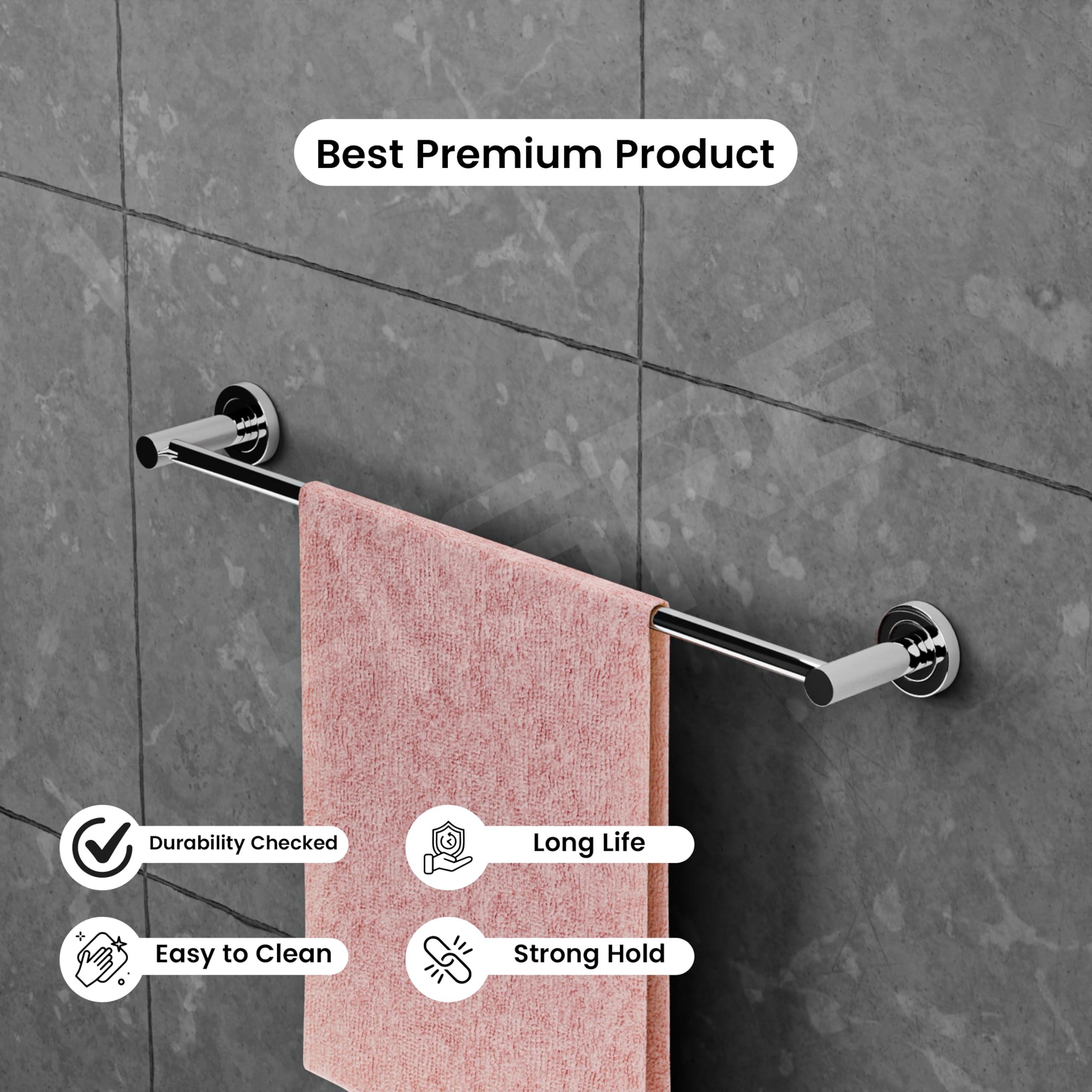 HISRE Modern Wall-Mounted Bathroom Towel Bar, Polished Chrome Stainless Steel Single Rail with Concealed Mounting, Rust-Resistant Heavy-Duty Towel Holder for Bathroom, Kitchen, or Washroom, photo 4 of 5