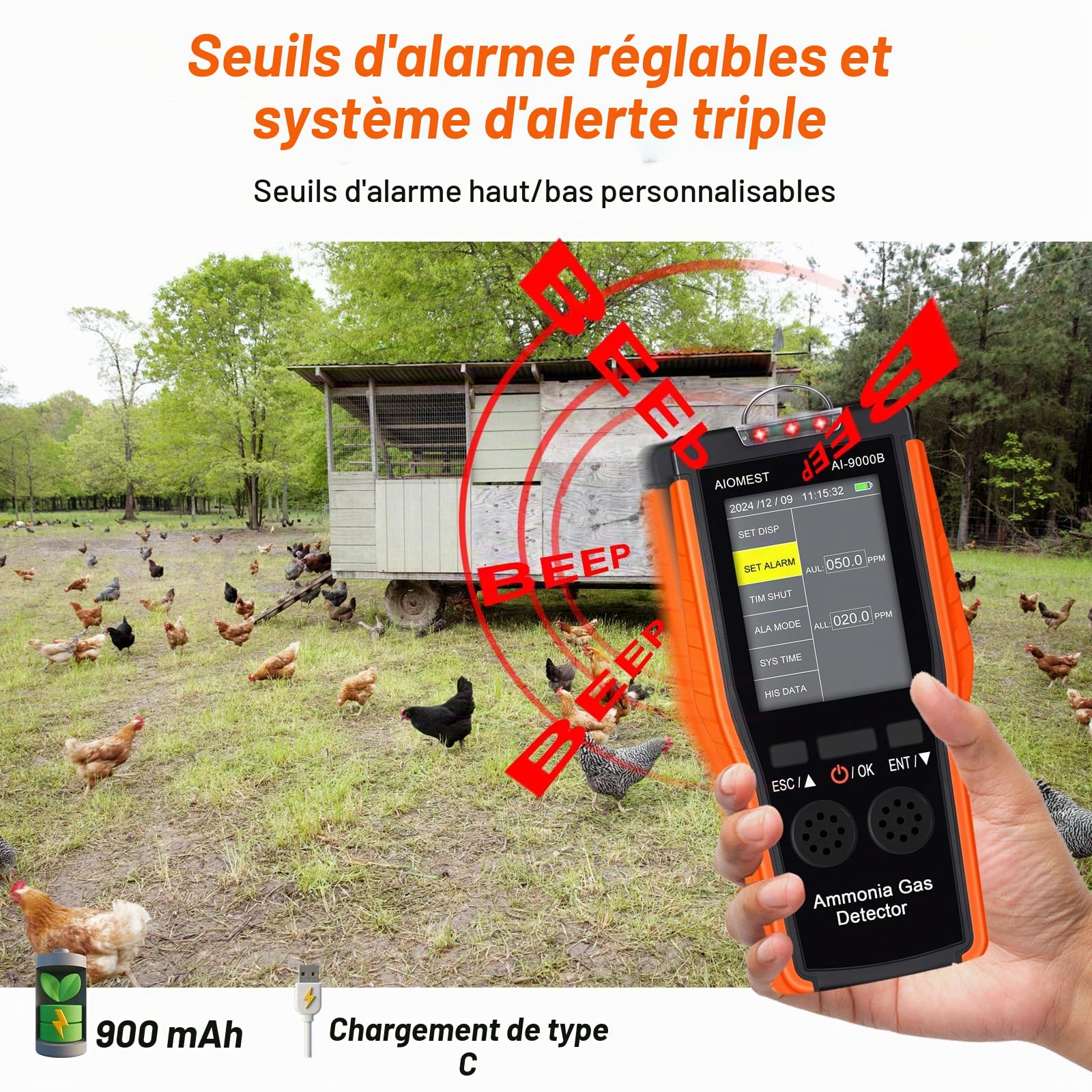 Détecteur de Gaz Ammoniac Portable, Capteur NH3 Numérique 0-100ppm avec Résolution 0.1 ppm, Enregistrement de Données et Alarme, pour l'agriculture (Étable, Ferme) et Réfrigération l'Industrie