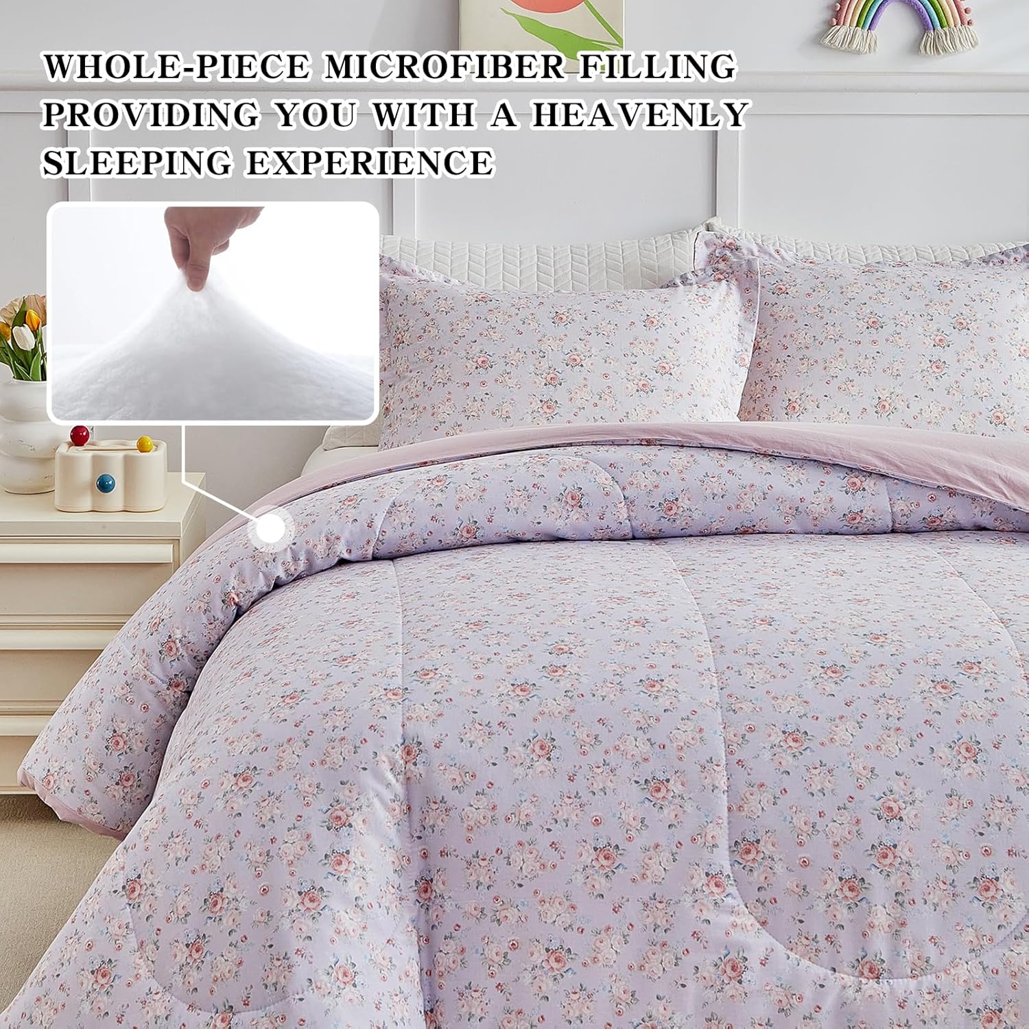 Joyreap 3pcs Floral Cotton Comforter Set for Girls, Pink Flowers on Purple Design, Queen Size Soft n Cozy Kids Bedding Comforter for All Season- 88x88 inches Flowers Purple Queen (88"x88") image 5 of 7 B0F6LKKJQH