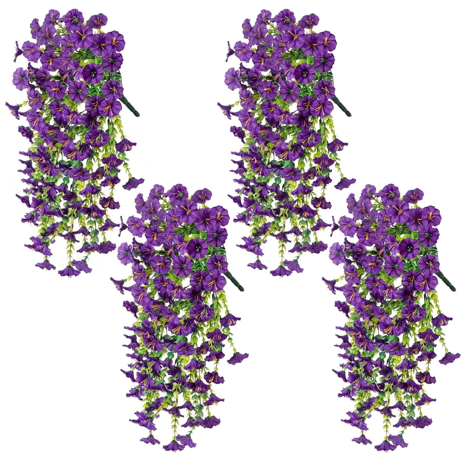 CutitiUU 4 Bundles Artificial Hanging Flowers Outdoor, 75cm UV-Resistant Hanging Outdoor Artificial Flowers Long Morning Glory Flowers, for Home Garden Yard Patio Wedding Outdoor (Purple)
