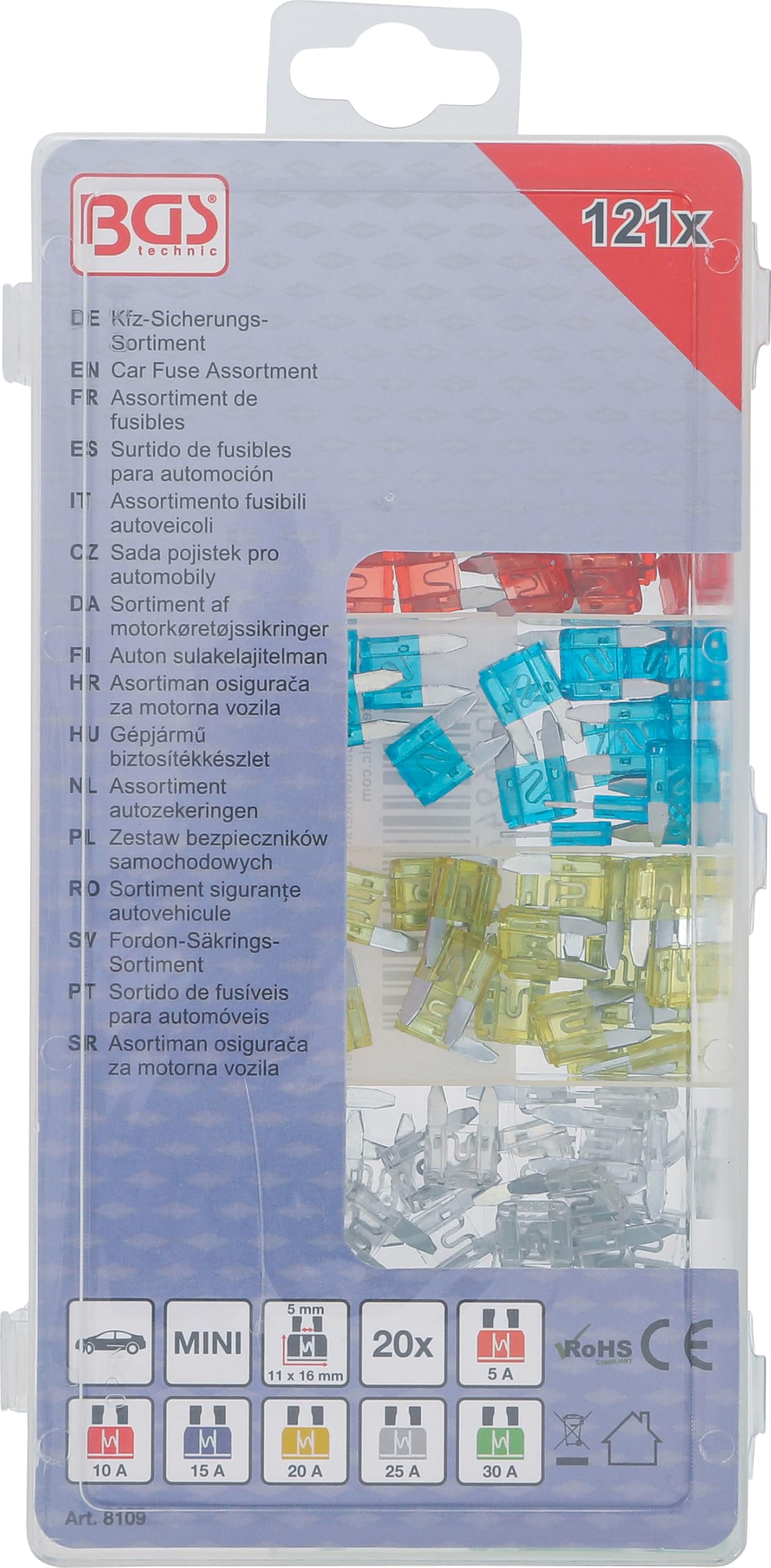 BGS 8109 | Zestaw bezpieczników samochodowych | Mini | 121 szt.