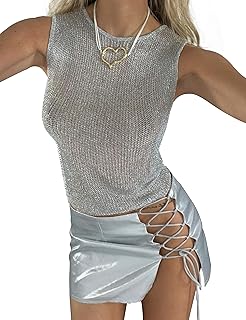 Women Sexy Fishnet Knit Glittering Crop Tank Going Out Top Sheer Mesh Sleeveless Crewneck Solid Slim Cropped Tops - Buy now