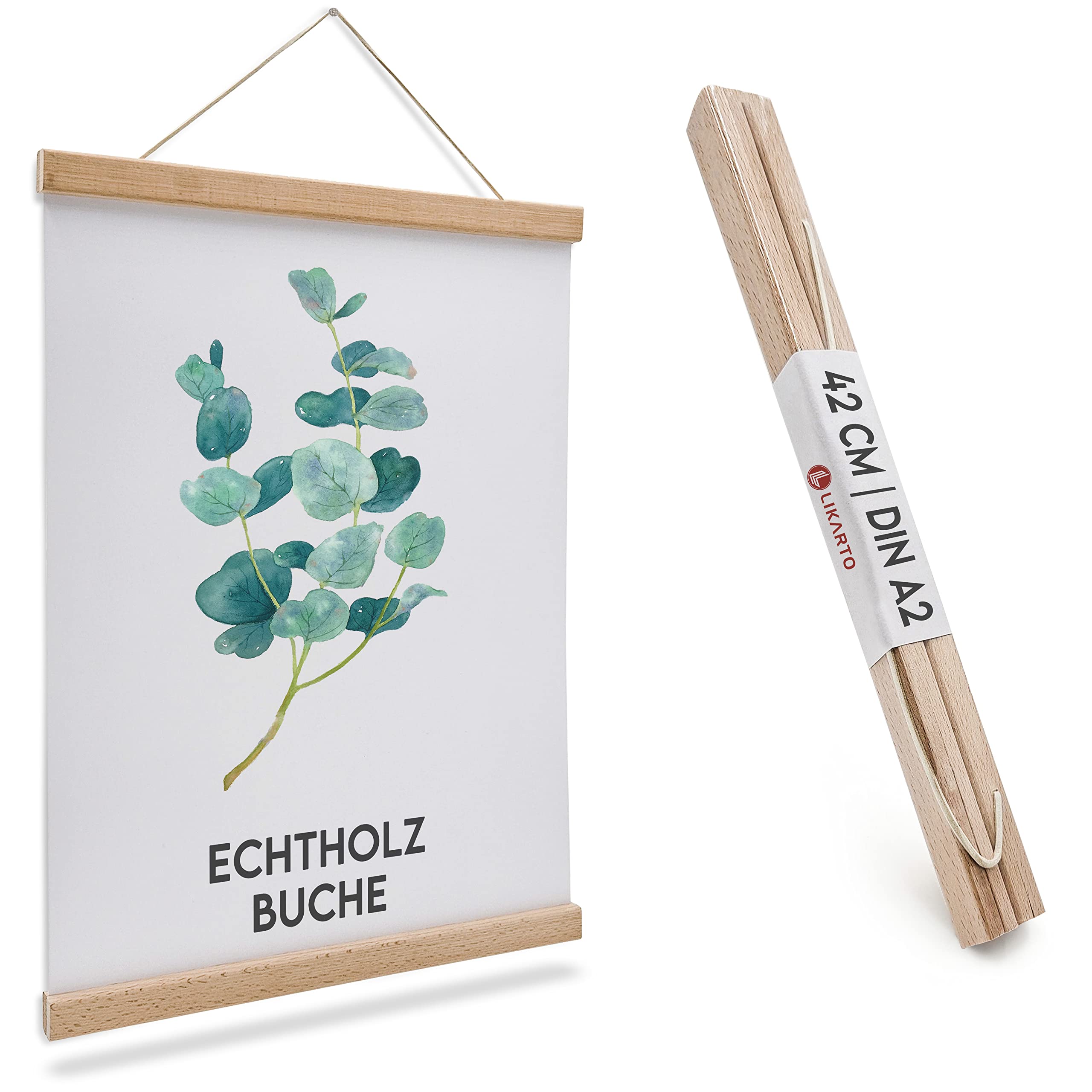 LIKARTO Premium-Posterleiste Holz Buche A2 | 42 cm - Hochwertige magnetische Bilderleiste aus Echtholz inklusive Lederband - Einfaches Bilder aufhängen